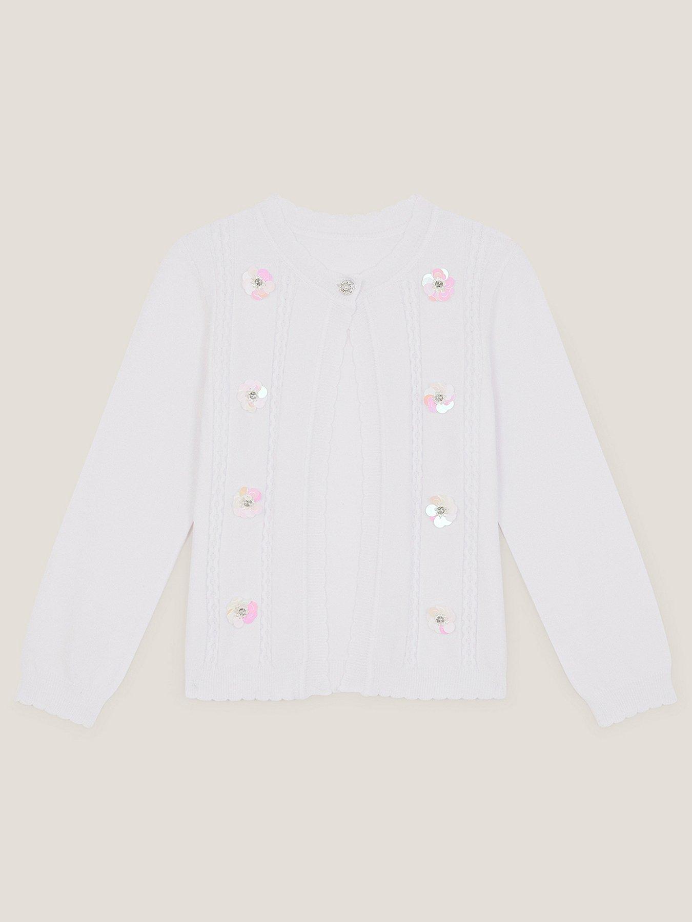 Monsoon Girls Sequin Heart Pointelle Cardigan - Ivory
