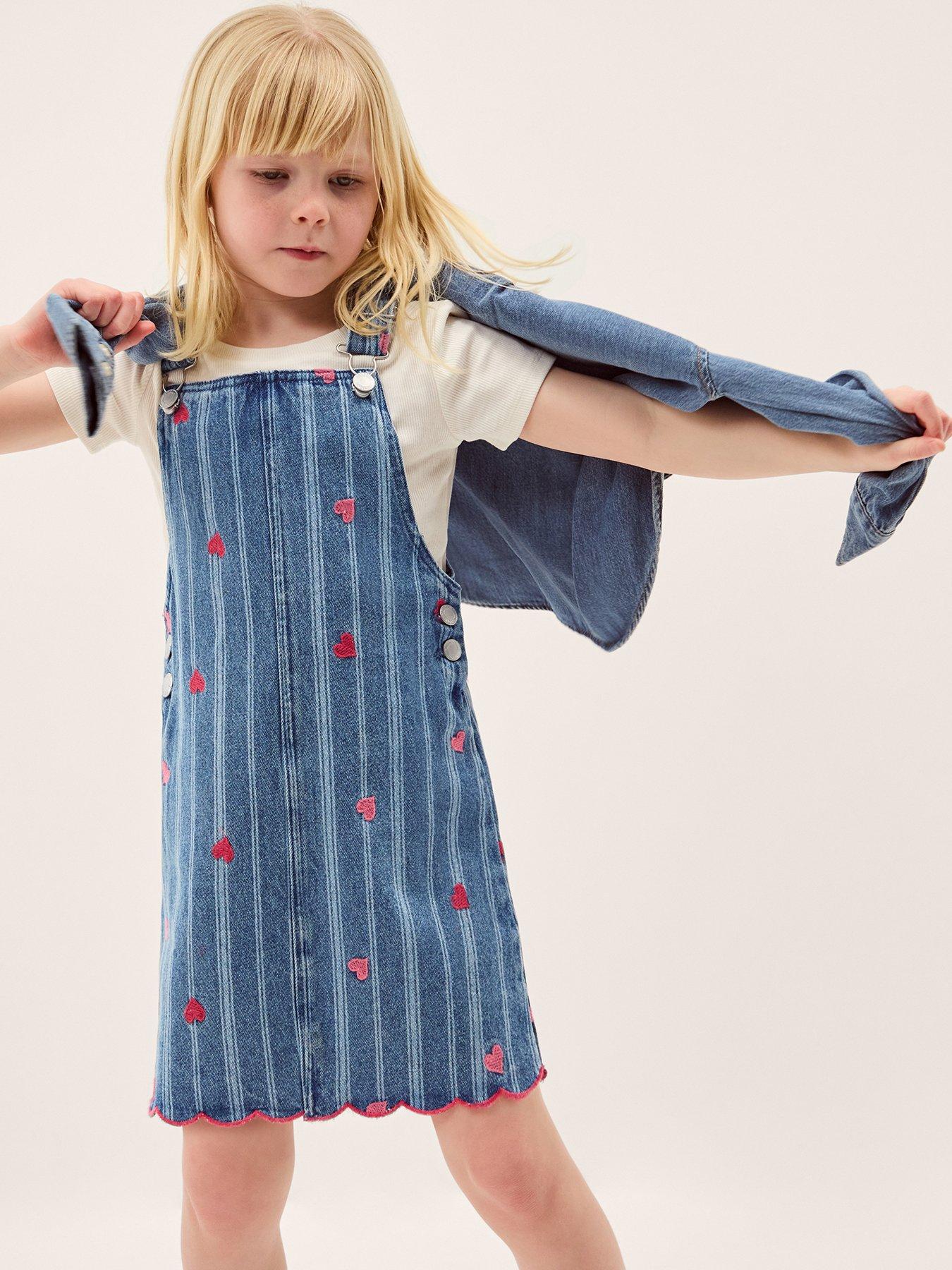 Image 1 of 4 of Monsoon Girls Stripe Heart Denim Pinny - Blue