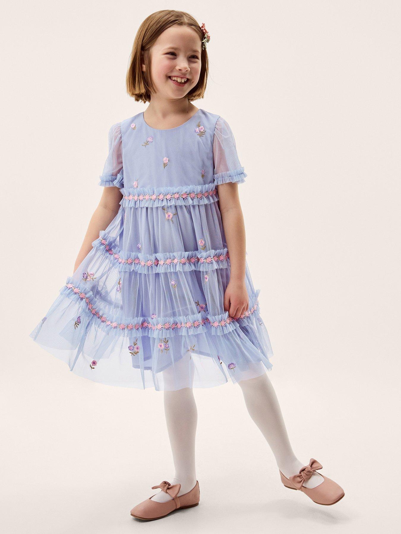 Image 1 of 4 of Monsoon Girls Mesh Tierred Dress - Blue