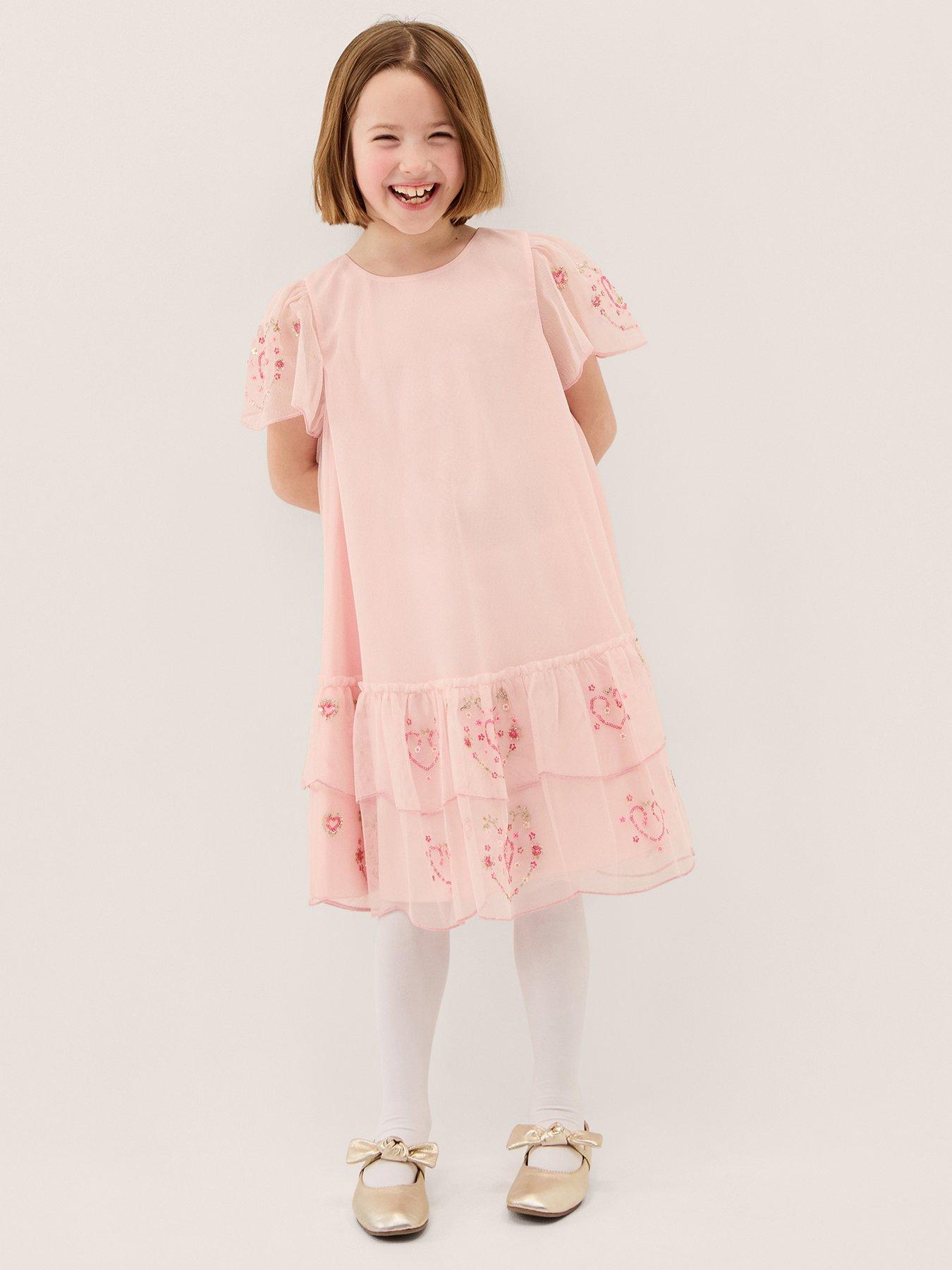 Monsoon Girls Heart Mesh Trapeze Dress - Pink