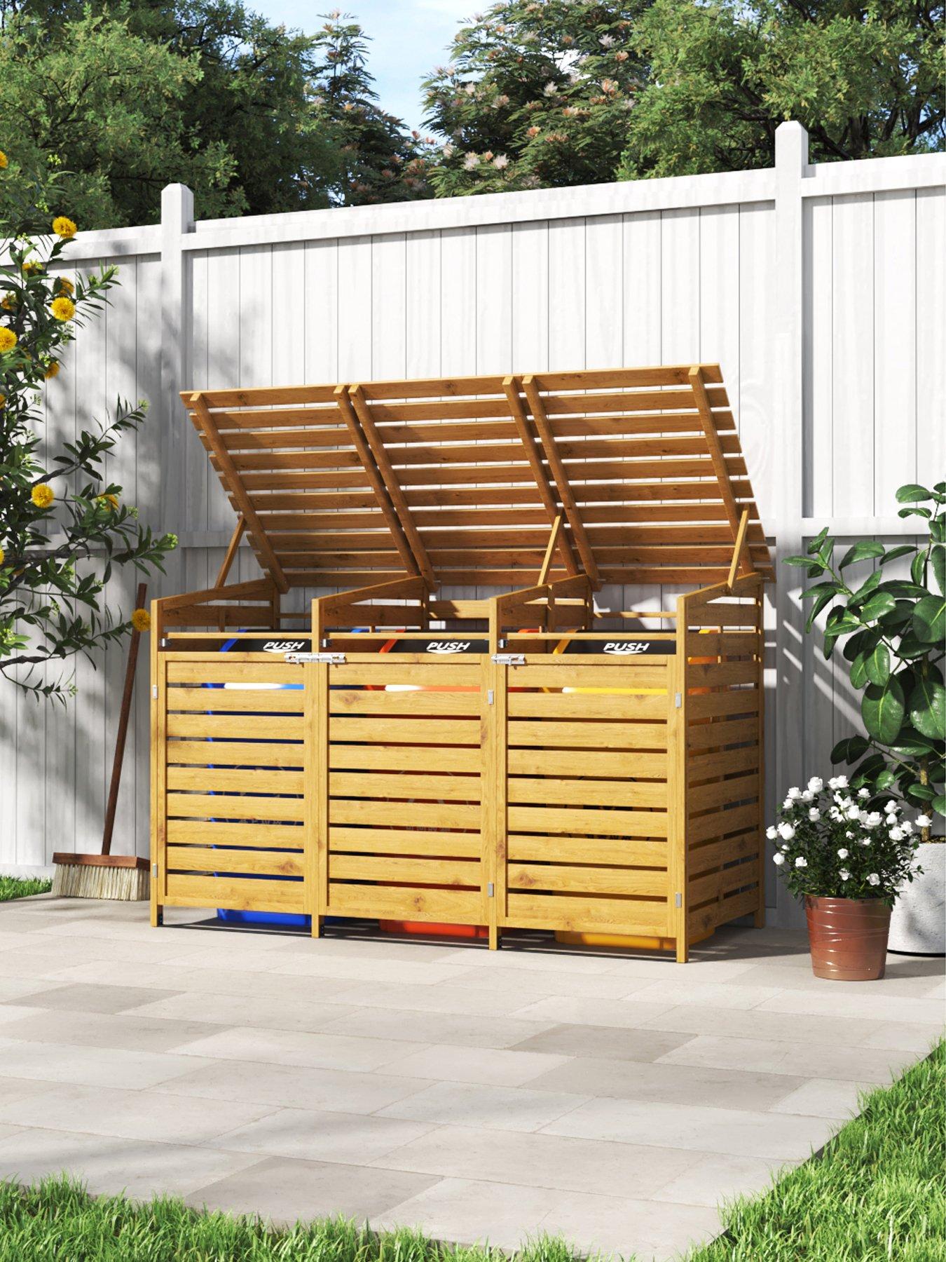 Living And Home 3 Doors Outdoor Spruce Wood Trash Can Storage Shed in Natural