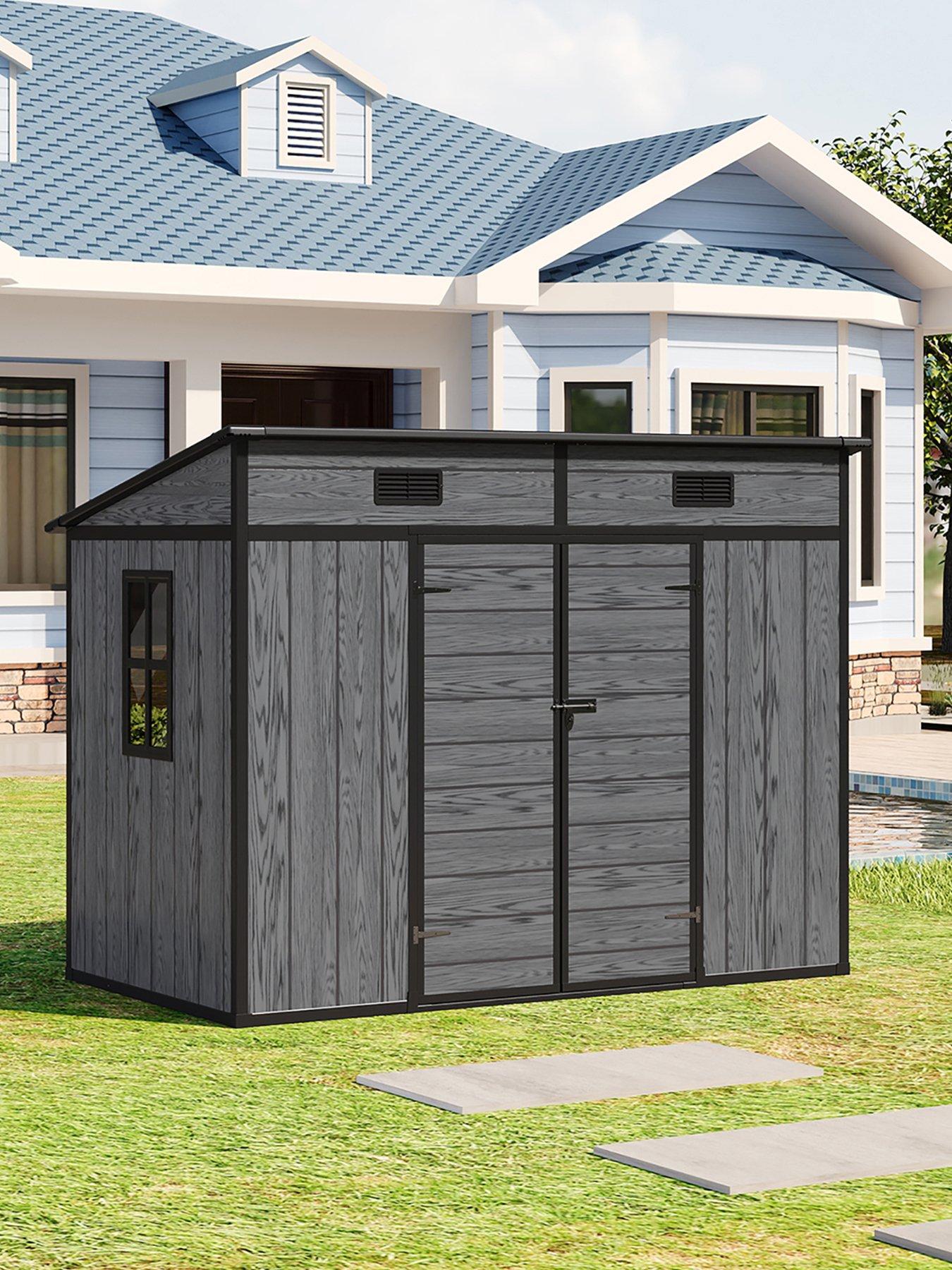 Living And Home 8X4Ft Plastic Grey Wood Grain Garden Storage Pent Shed With Floor in One Colour