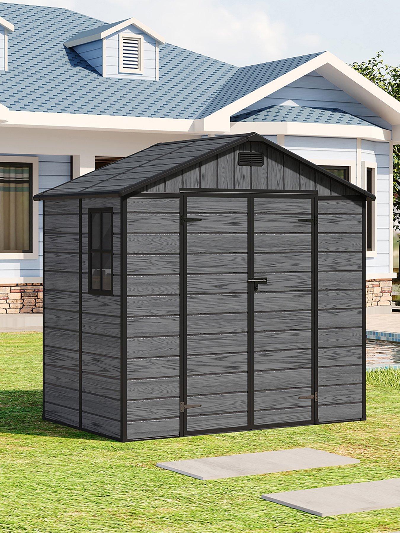 Living and Home 8x4ft Plastic Grey Wood Grain Garden Storage Apex Shed with Floor