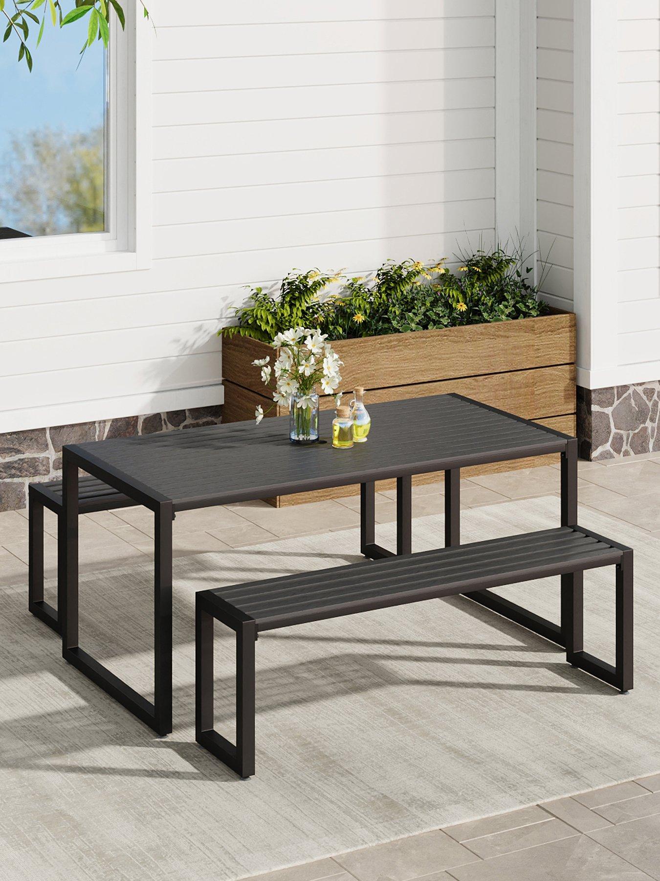 Living and Home Outdoor WPC Dining Table with Parasol Hole and Benches Set