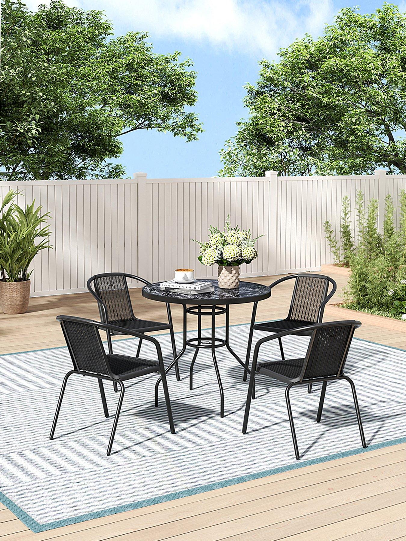 Image 1 of 7 of Living and Home Garden Marble Pattern Table with 4 Rattan Stackable Chairs