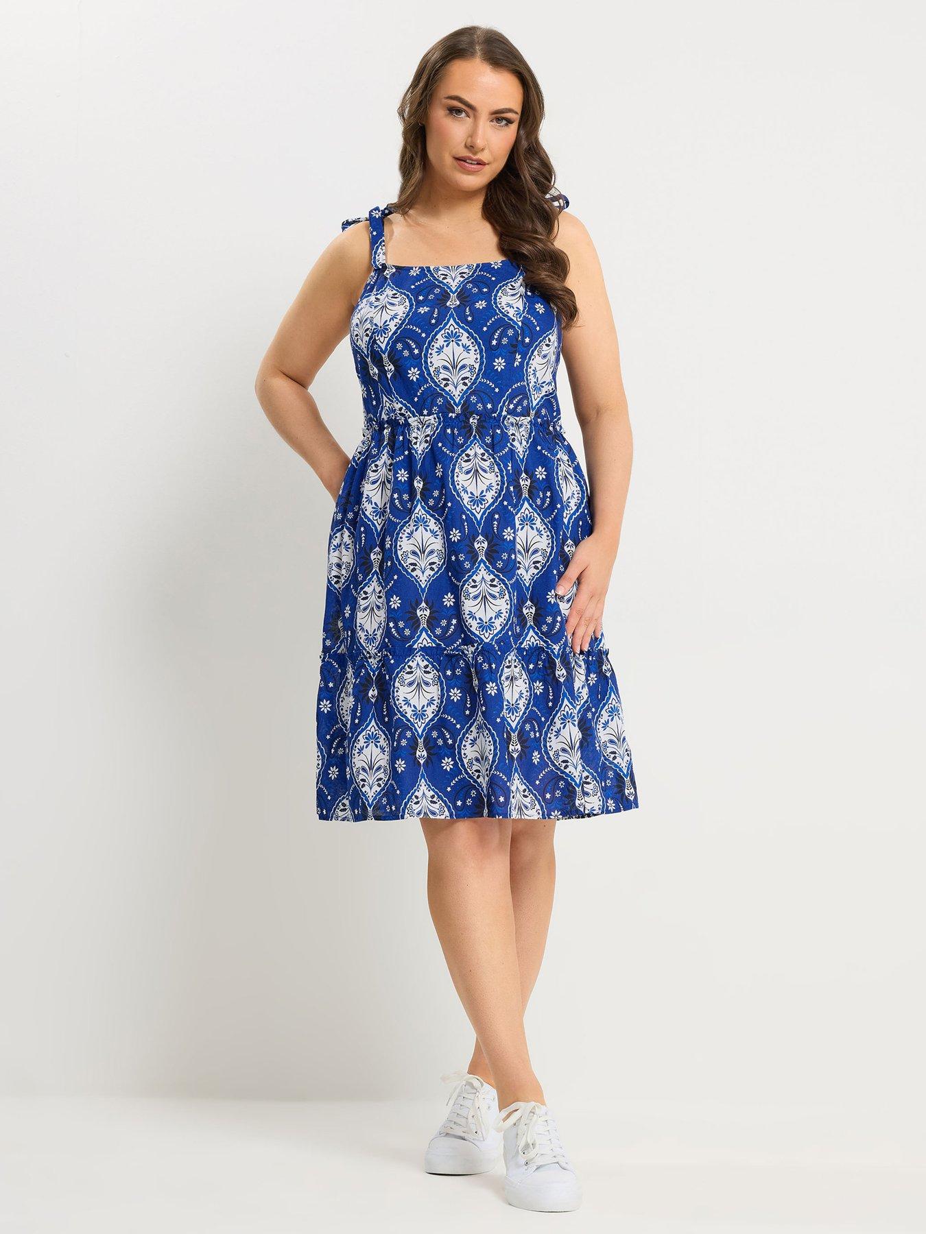 Image 1 of 5 of Yours Curve Linen Tiered Smock Dress - Blue