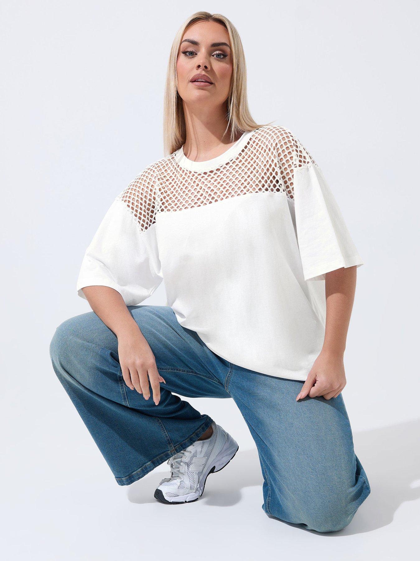 Image 1 of 5 of Yours Curve Fishnet Boxy T-Shirt - White