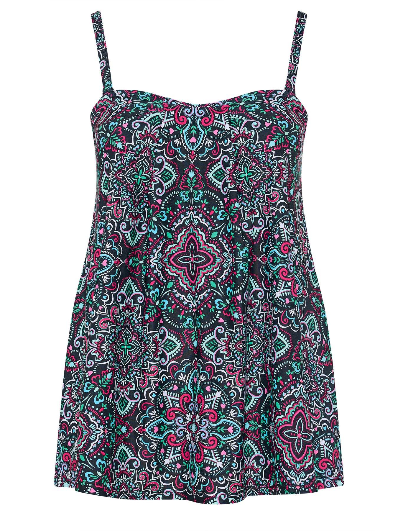 Image 6 of 6 of Yours Curve Aztec Pleat Front Tankini Top&nbsp;- Black