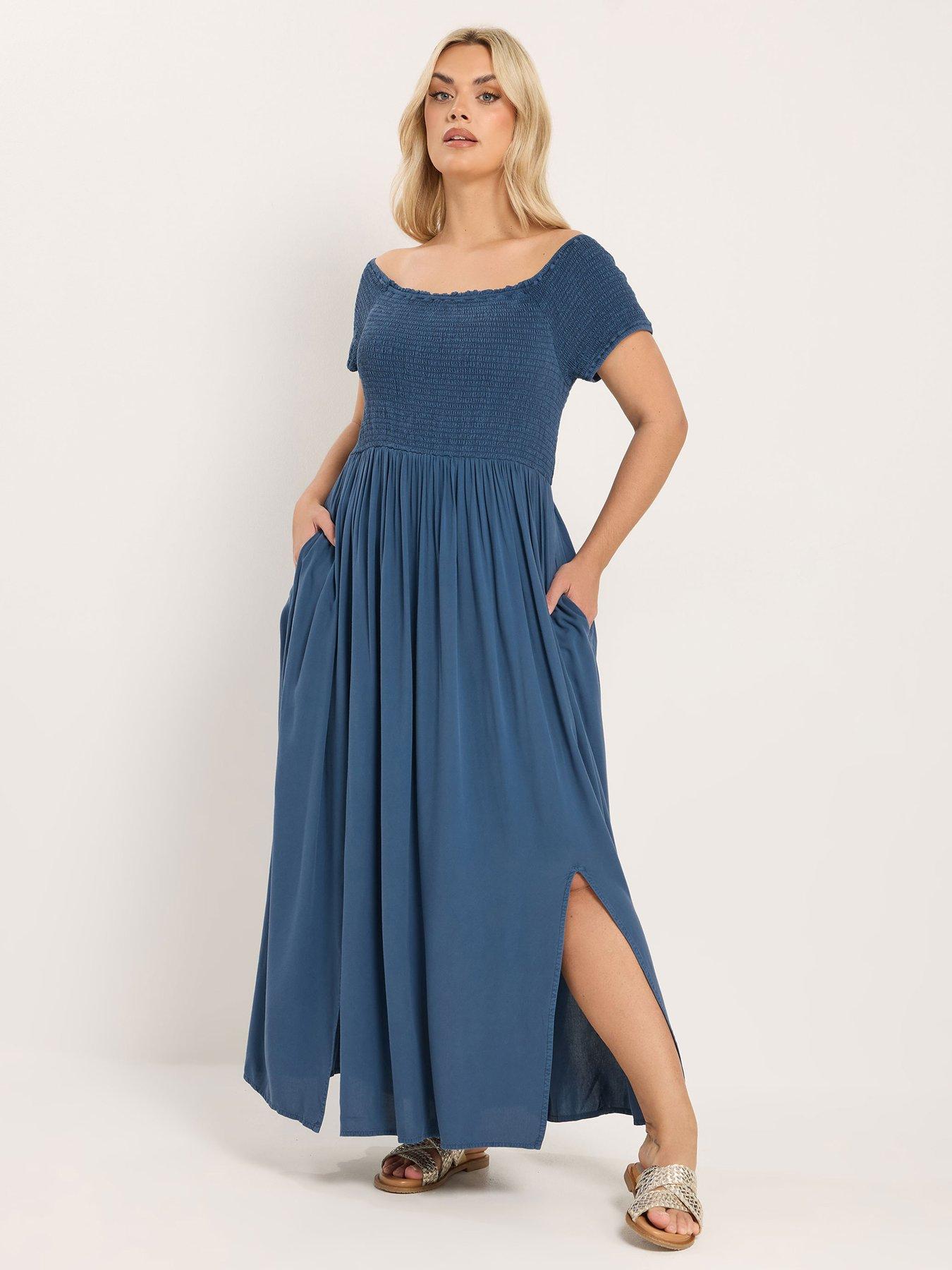 Yours Curve Shirred Chambray Bardot Dress - Blue