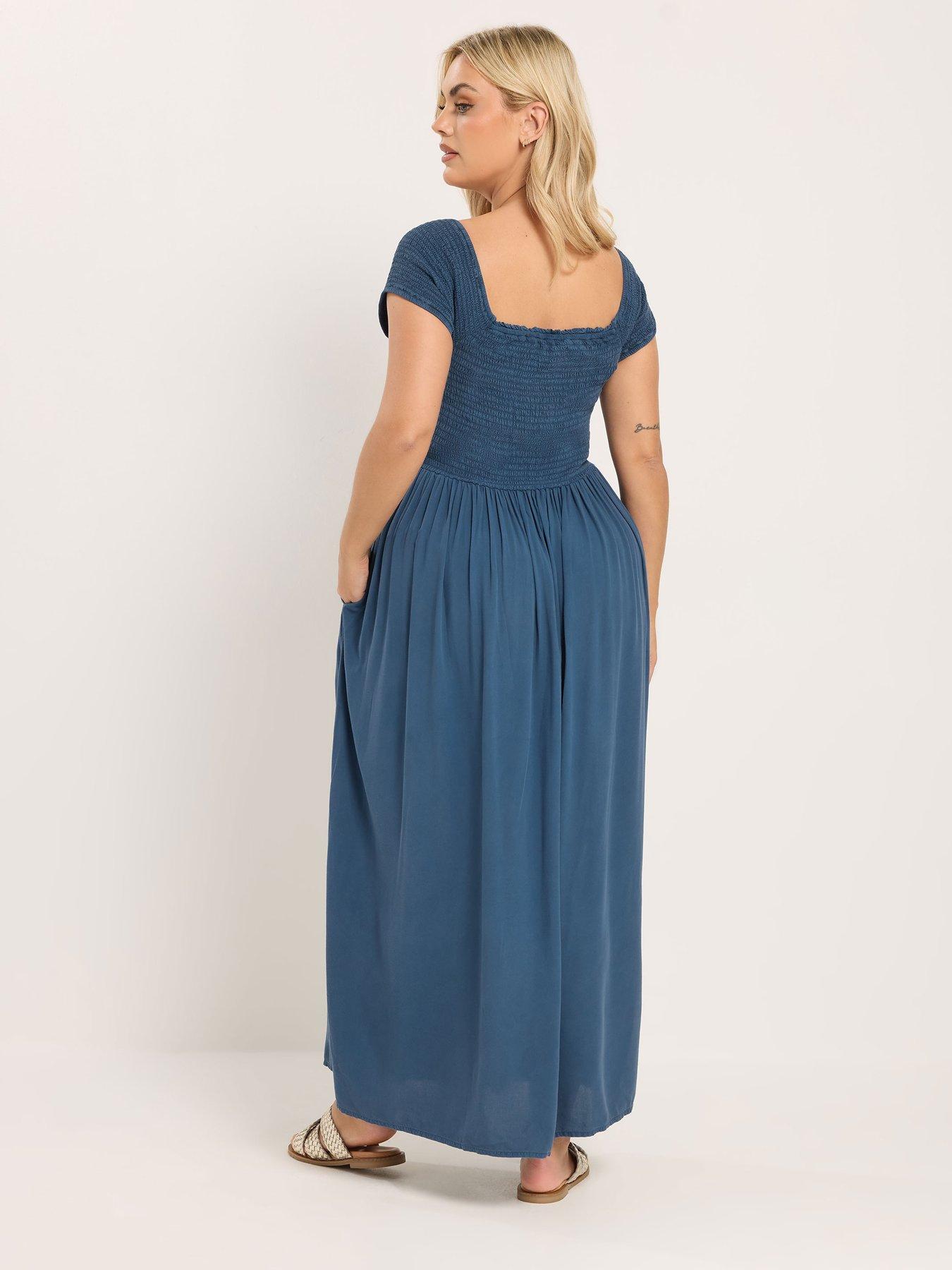 yours-curve-shirred-chambray-bardot-dress-bluestillFront