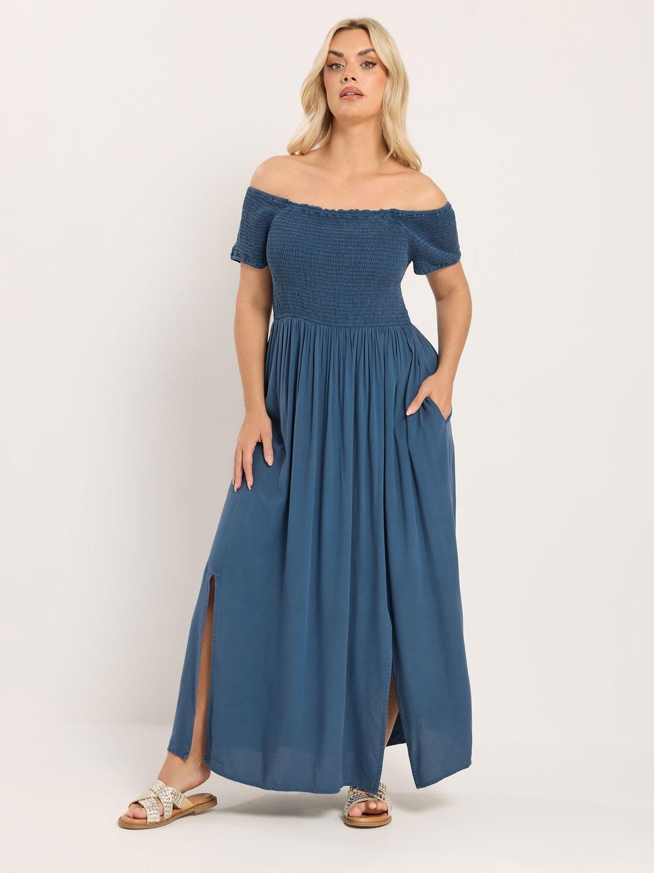 yours-curve-shirred-chambray-bardot-dress-blueback