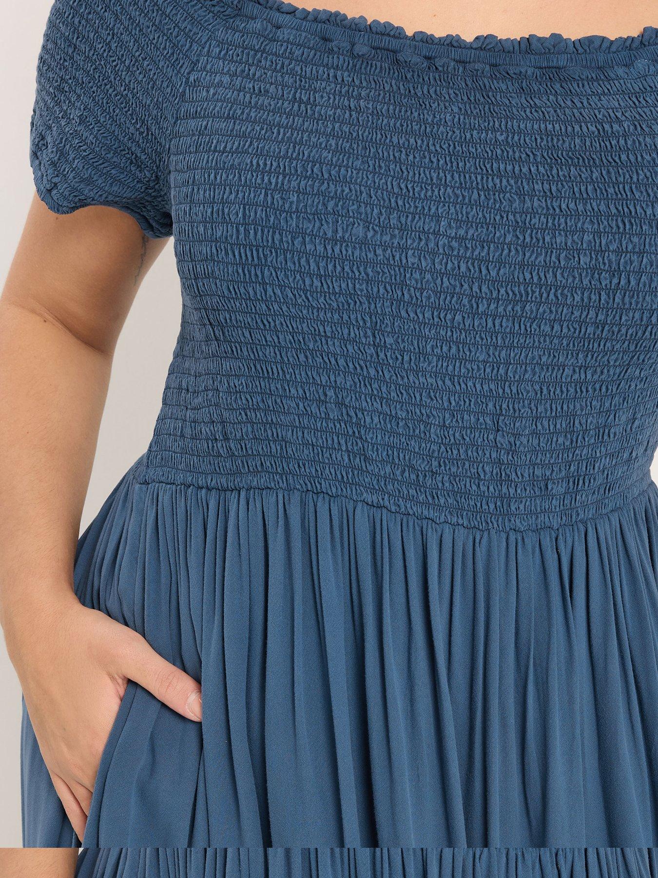 yours-curve-shirred-chambray-bardot-dress-blueoutfit