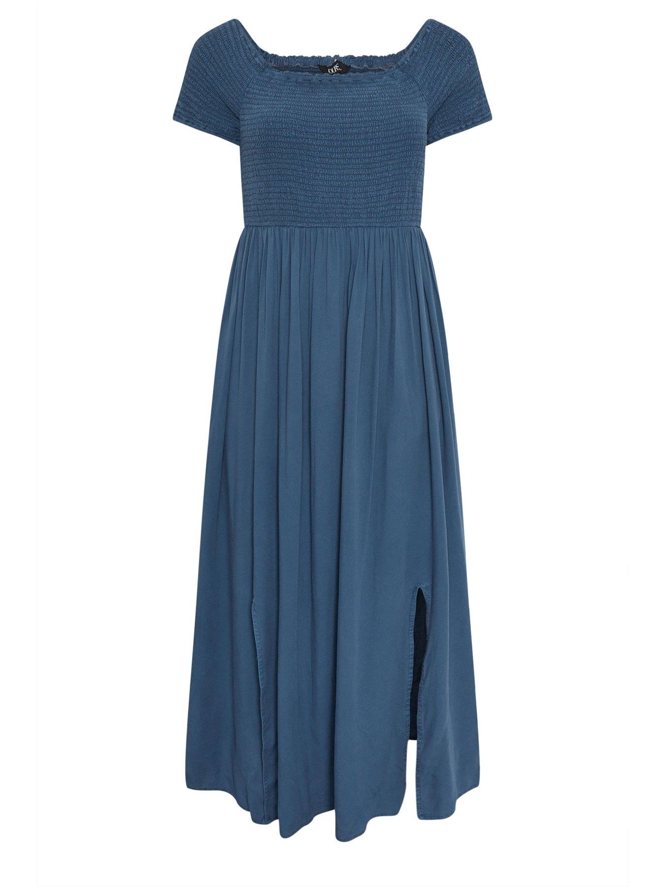 yours-curve-shirred-chambray-bardot-dress-bluedetail
