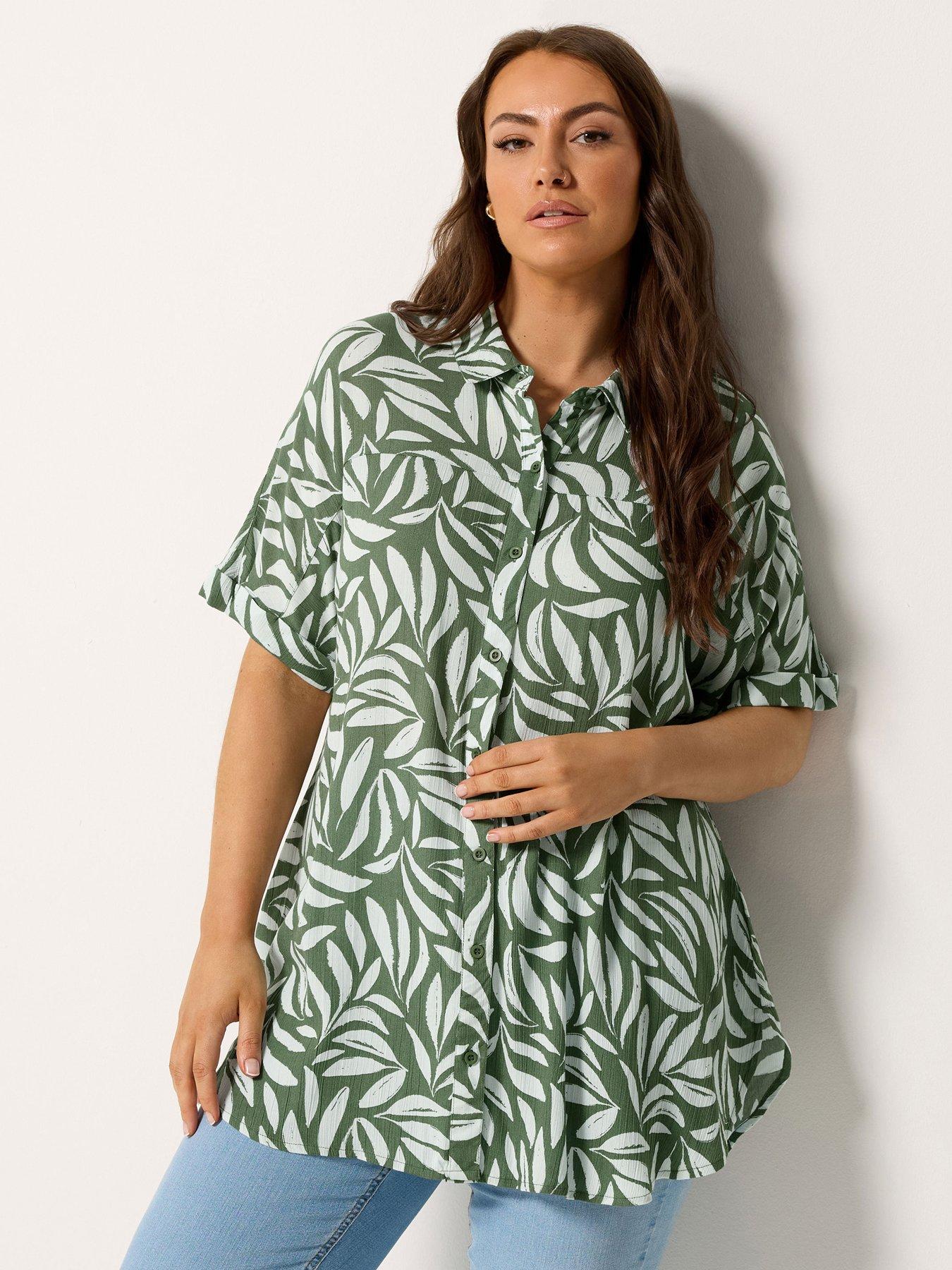 Yours Curve Short Sleeve Crinkle Shirt - Green