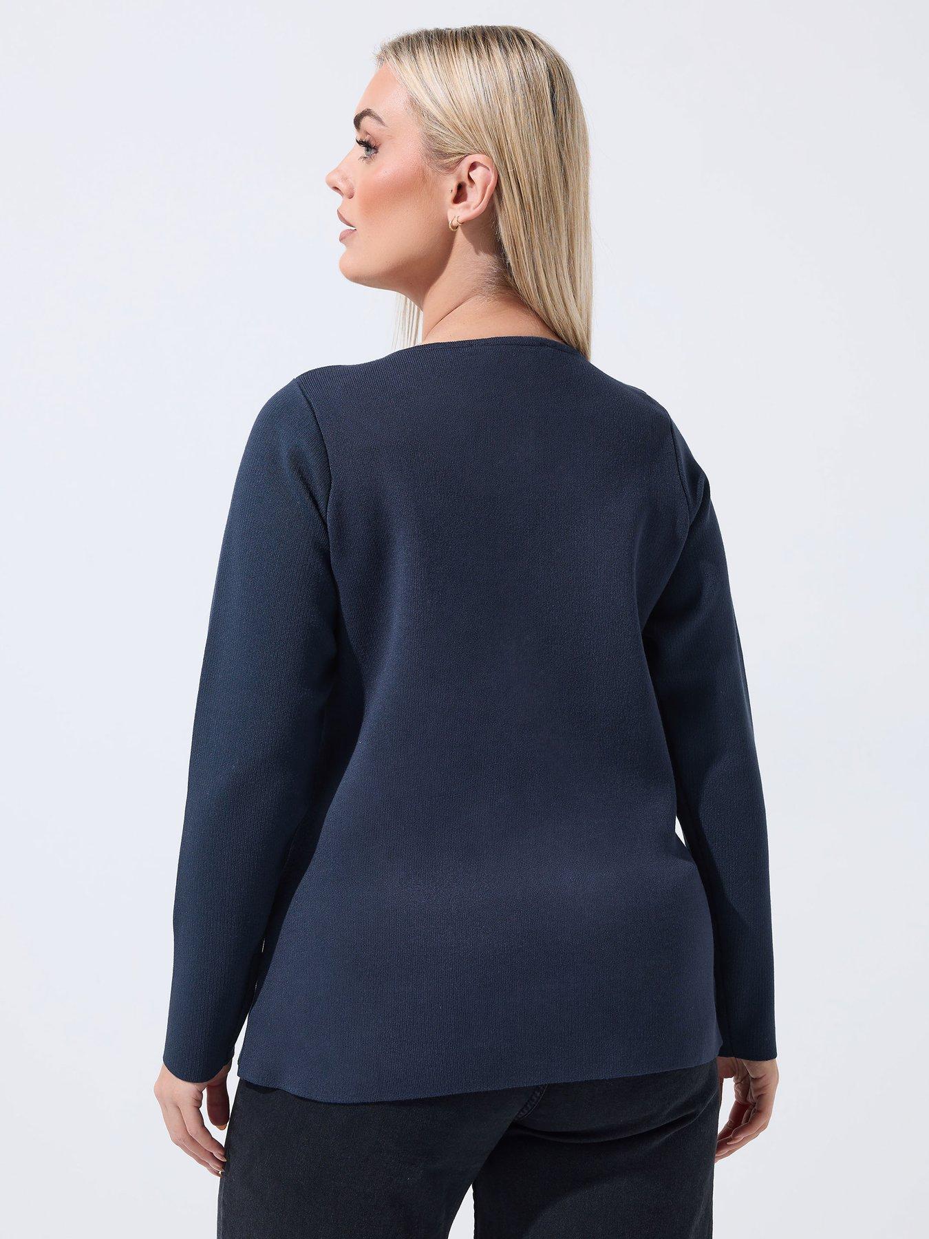 yours-curve-long-sleeve-button-knit-top-bluestillFront