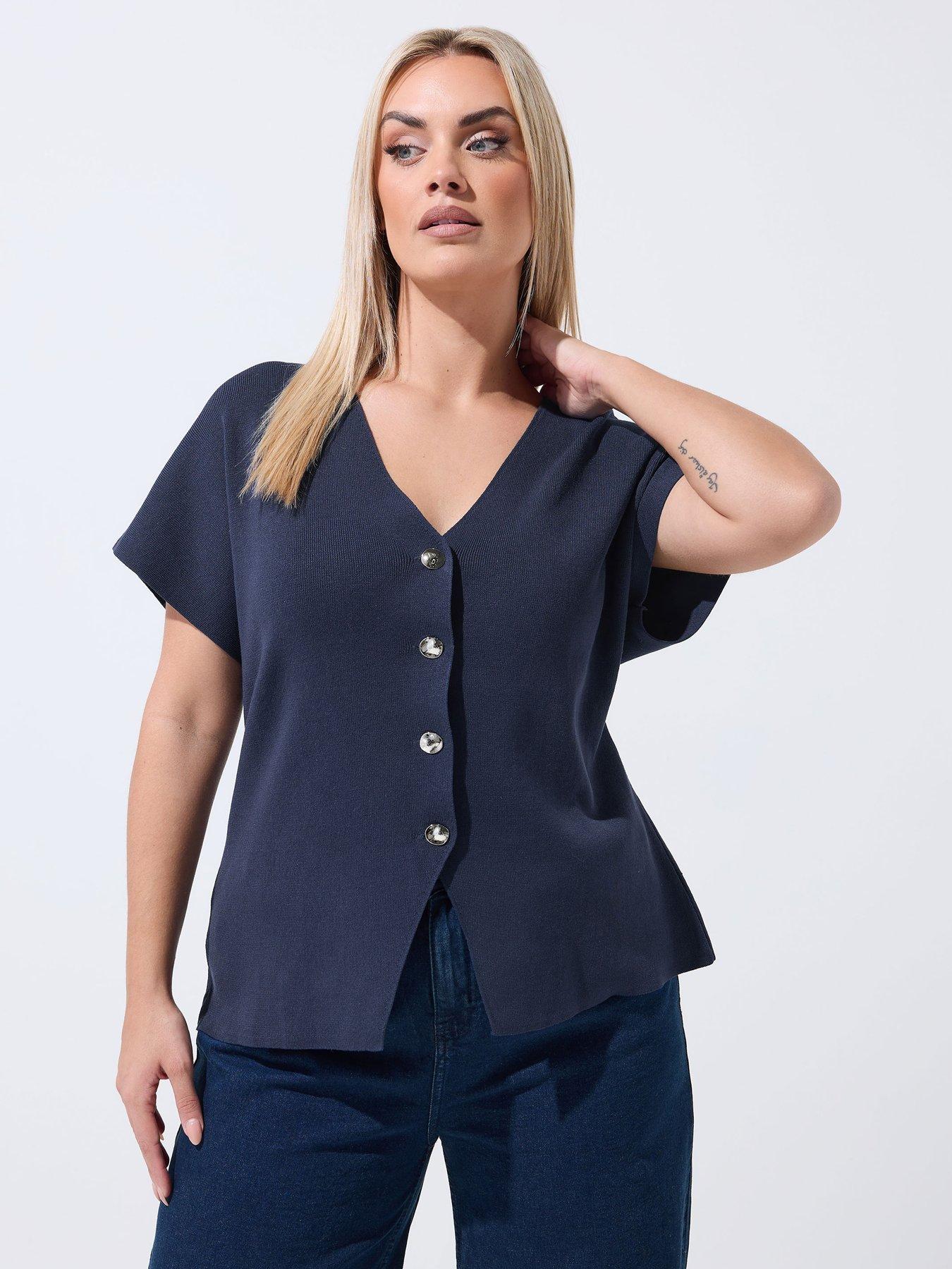 yours-curve-short-sleeve-knitted-top-bluefront