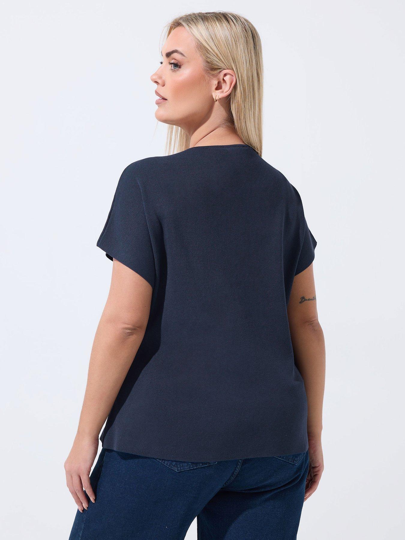 yours-curve-short-sleeve-knitted-top-bluestillFront