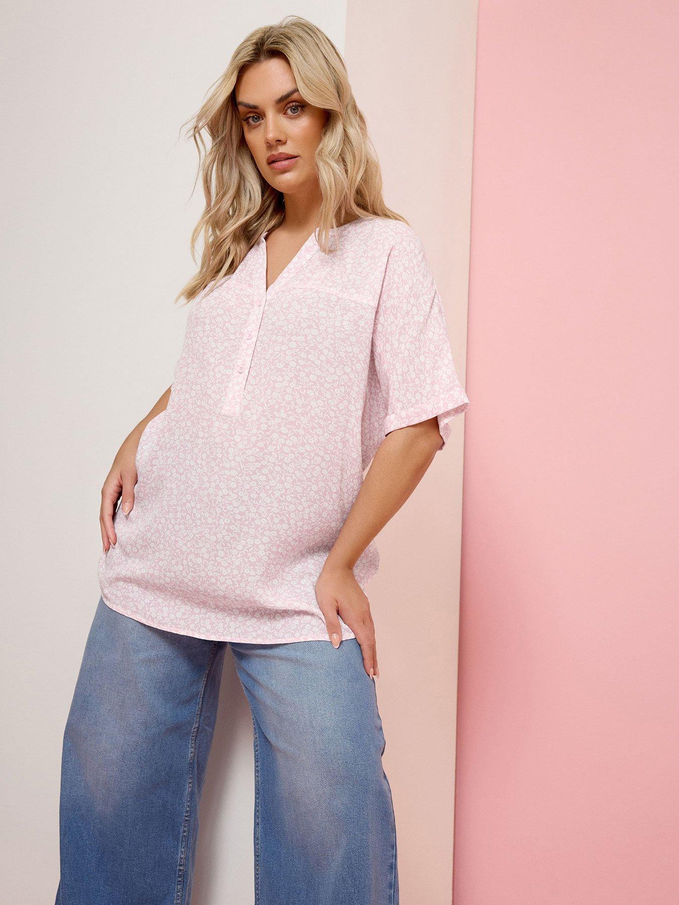 Image 1 of 6 of Yours Curve Gypsy Printed Crinkle Notchneck Top - Pink