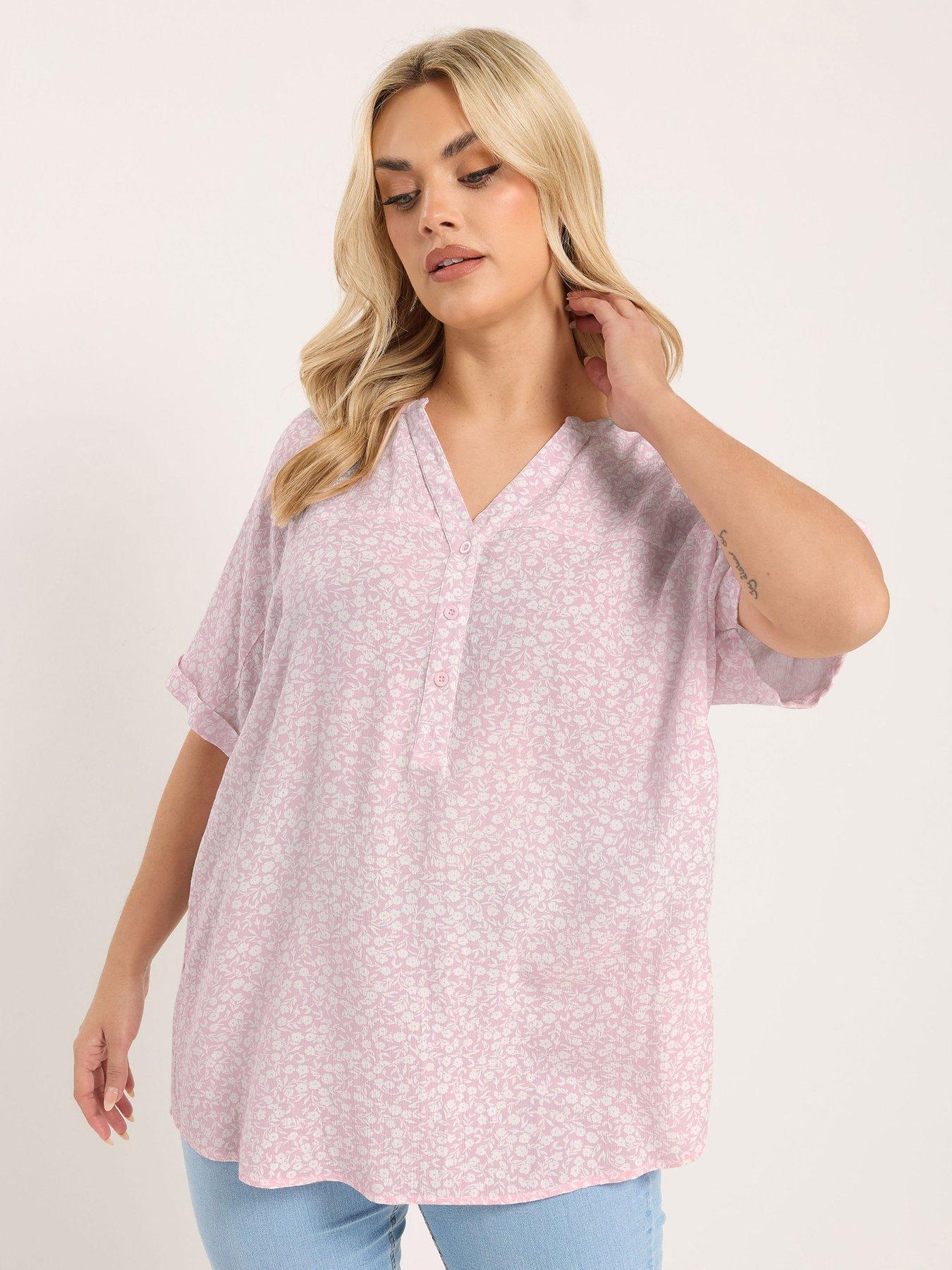 Image 4 of 6 of Yours Curve Gypsy Printed Crinkle Notchneck Top - Pink
