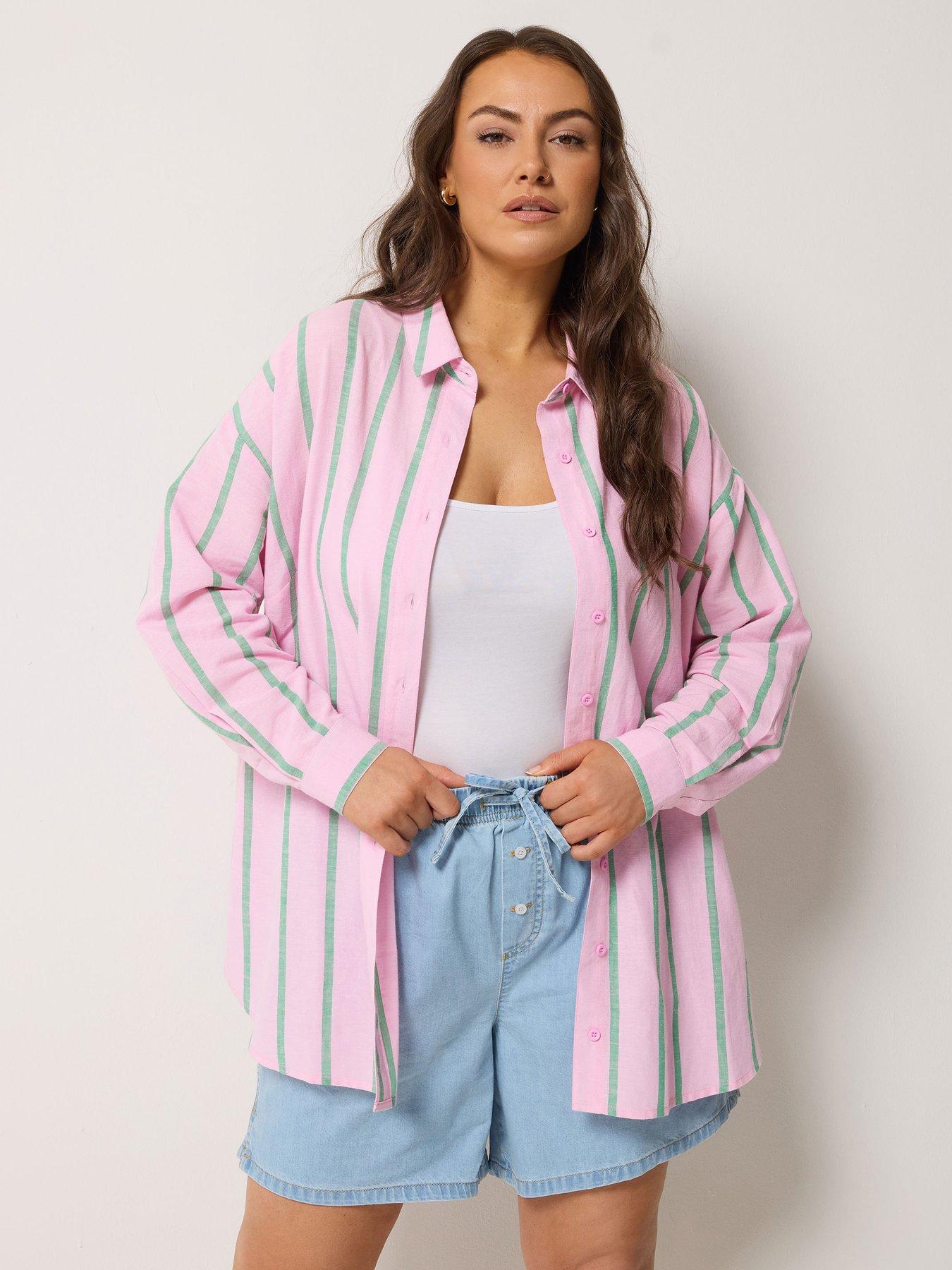 Yours Curve Long Sleeve Striped Linen Shirt - Pink