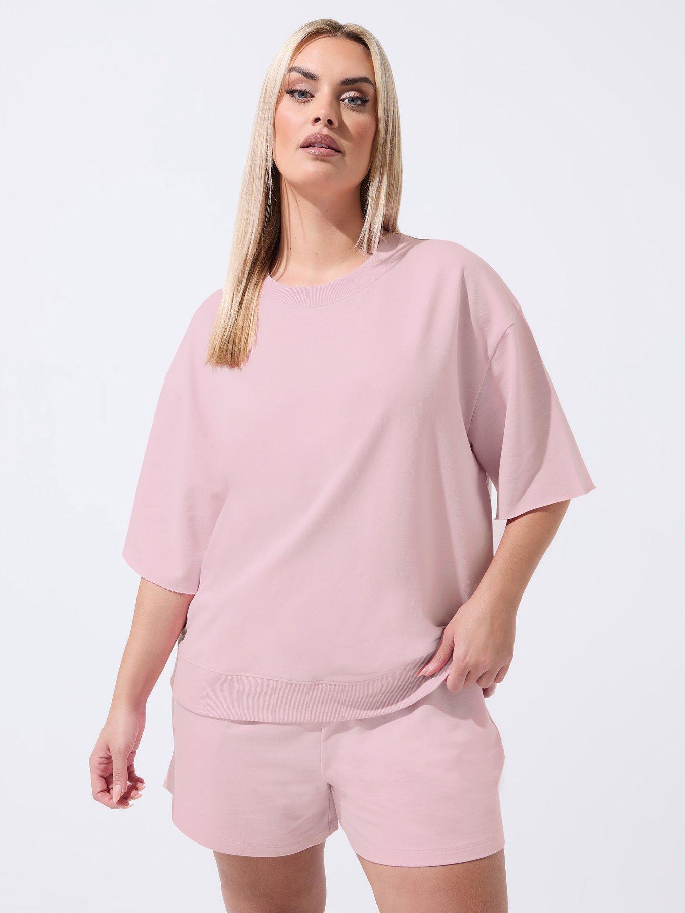 Image 1 of 5 of Yours Curve Loopback Short Sleeve Sweatshirt - Pink