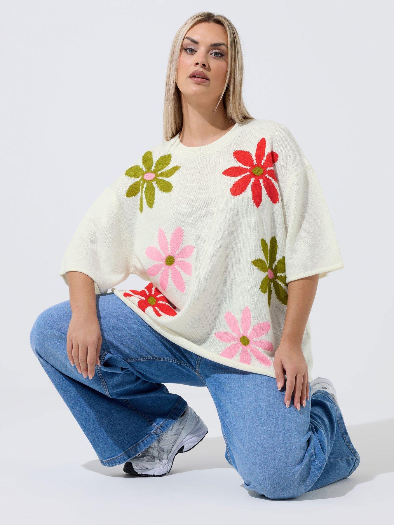 Yours Curve Floral Knit Boxy Top - White
