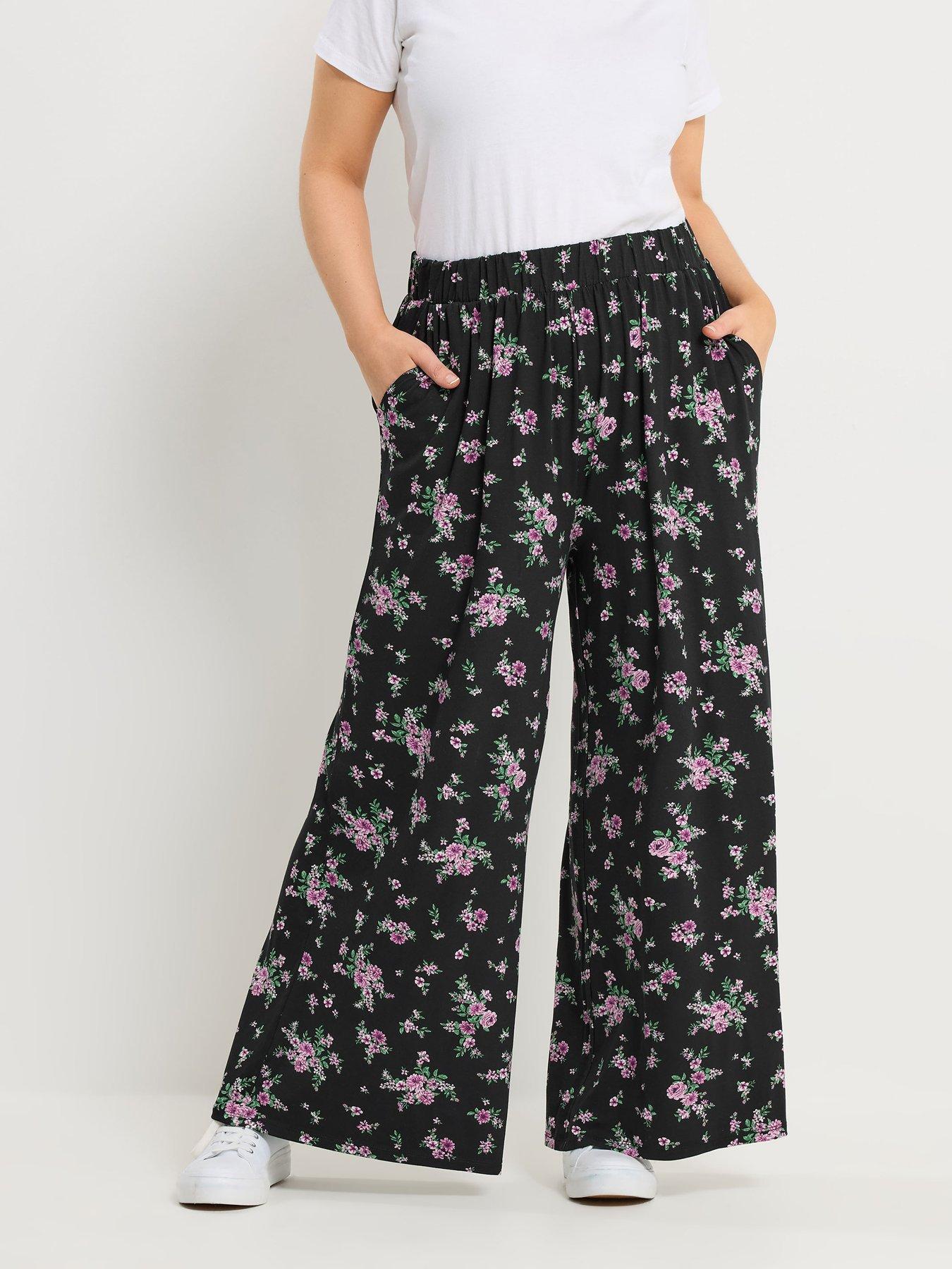 Yours Curve Jersey Wide Leg Floral Printed Trousers
