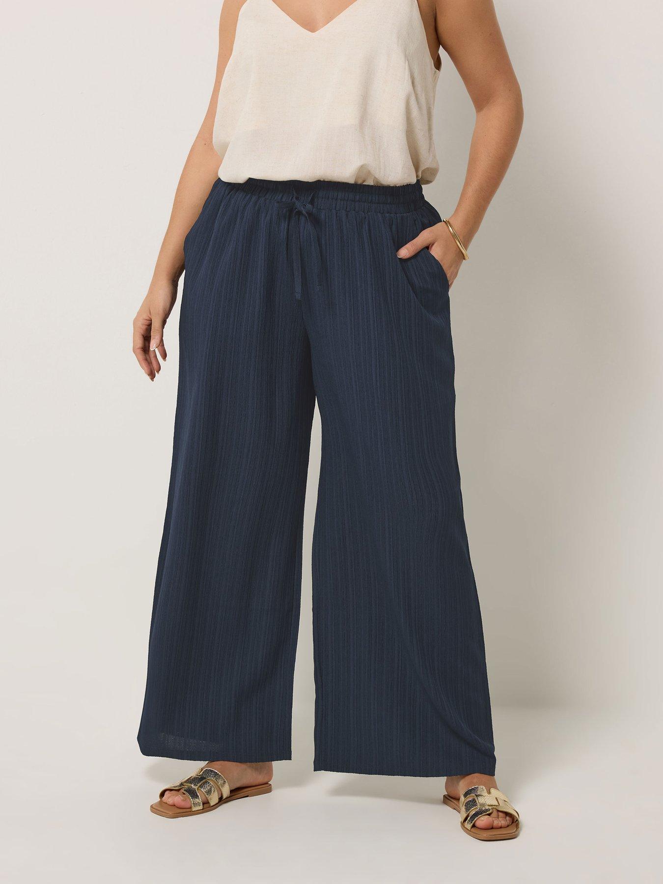 Yours Curve Textured Woven Wide Leg Trousers 30" - Blue