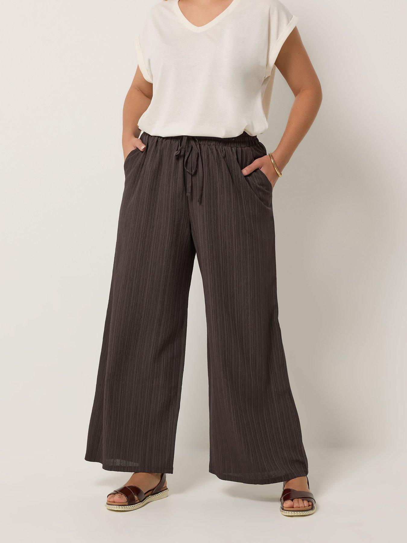 Yours Curve Textured Woven Wide Leg Trousers 28" - Brown