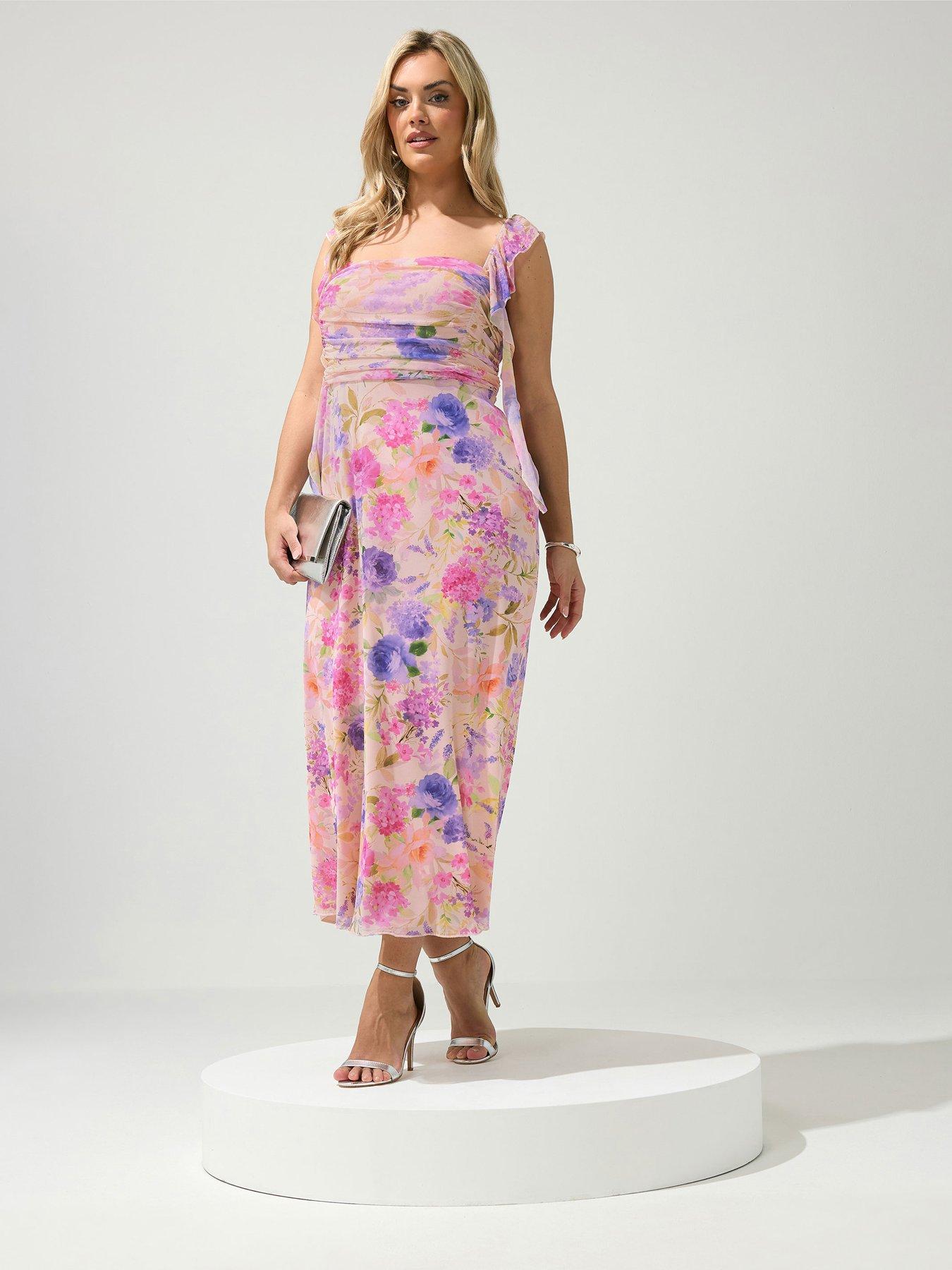 Image 3 of 5 of Yours Curve Floral Ruffle Shoulder Maxi Dress - Cream