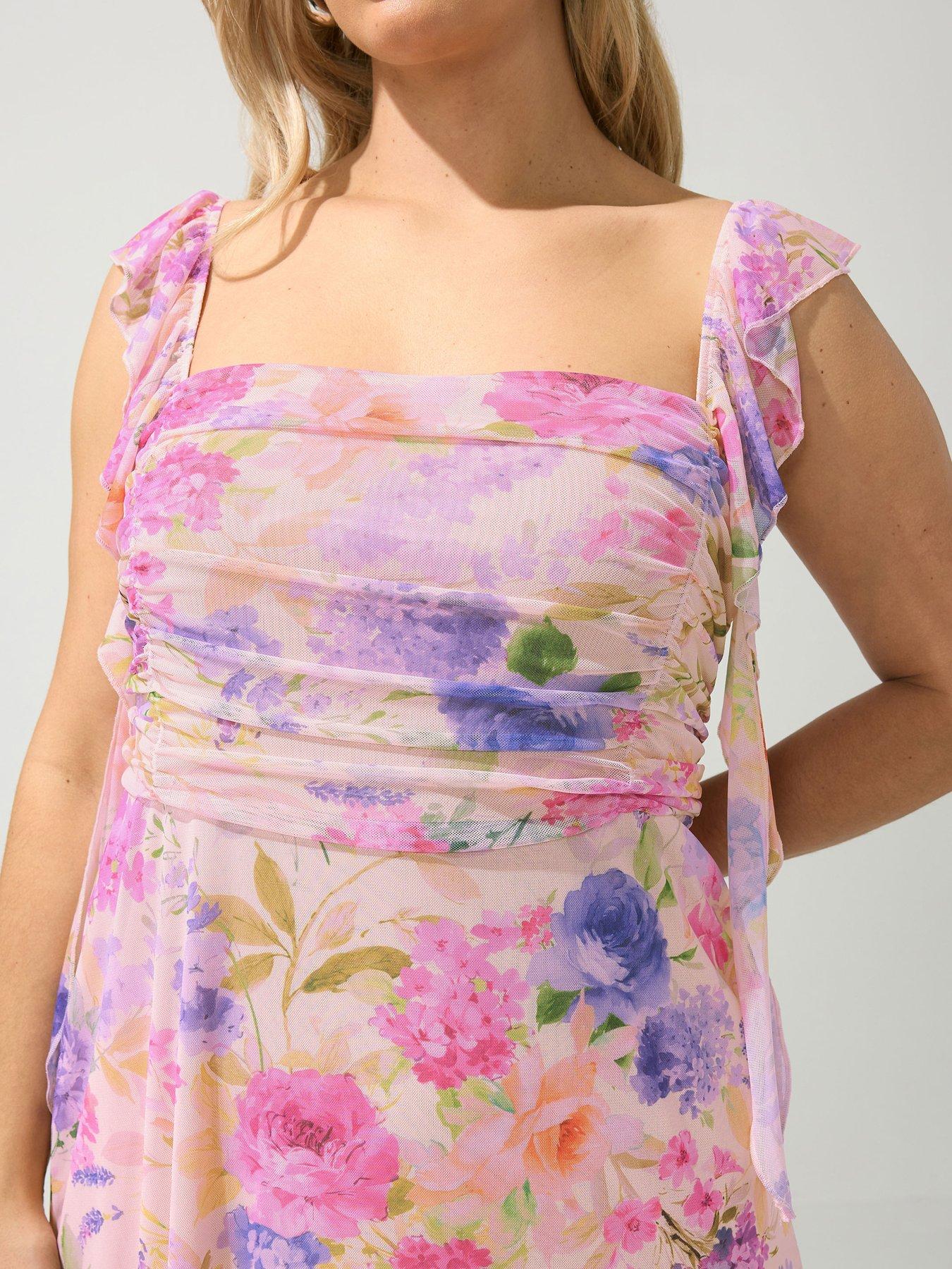 Image 4 of 5 of Yours Curve Floral Ruffle Shoulder Maxi Dress - Cream