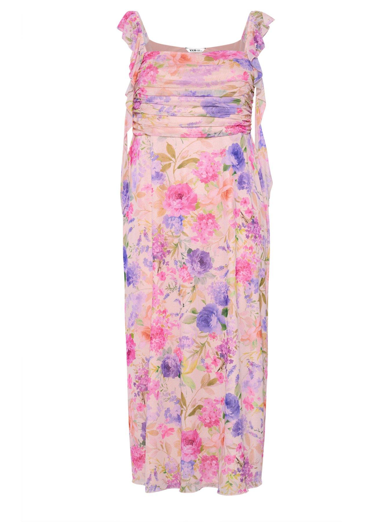Image 5 of 5 of Yours Curve Floral Ruffle Shoulder Maxi Dress - Cream