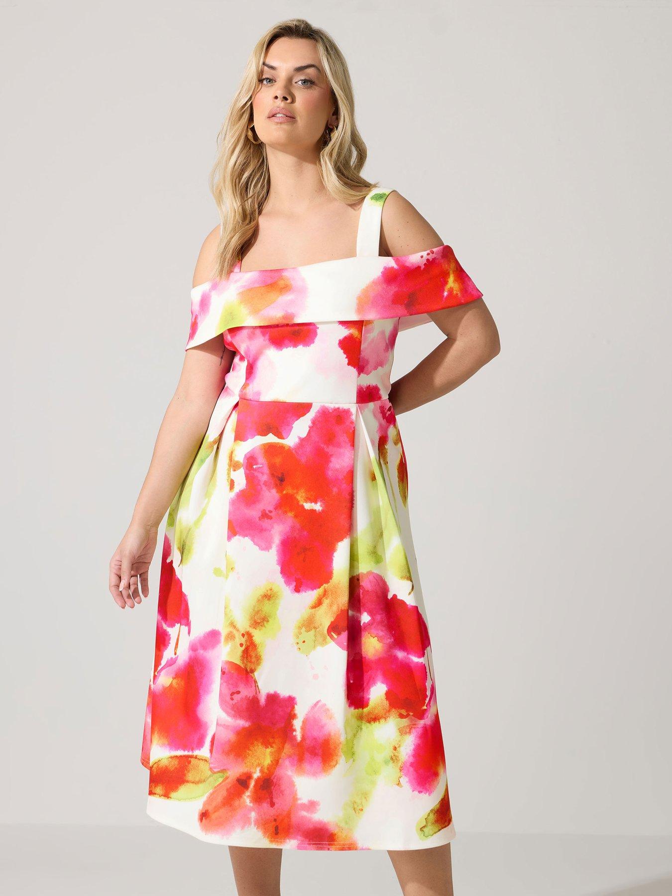 Yours Curve Abstract Cold Shoulder Skater Dress - White