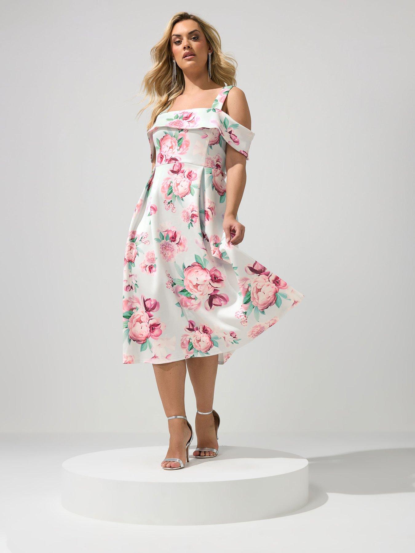 Yours Curve Floral Cold Shoulder Skater Dress - White