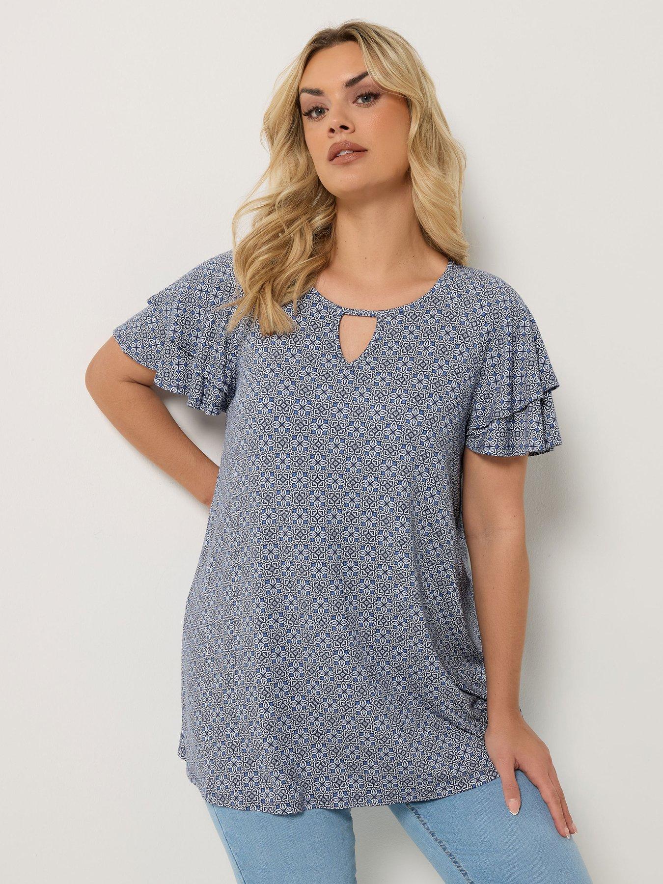 Yours Curve Double Frill Keyhole Blouse - Blue