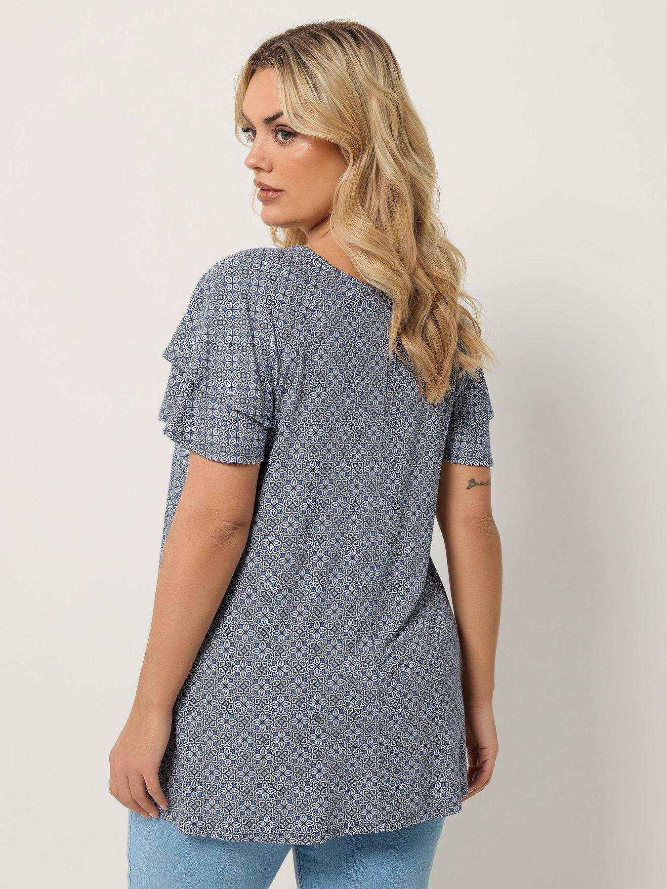 Image 2 of 4 of Yours Curve Double Frill Keyhole Blouse - Blue
