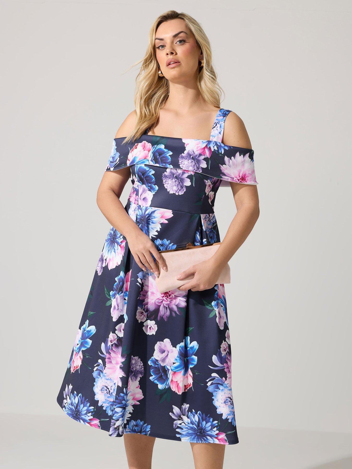 Yours Curve Floral Cold Shoulder Skater Dress - Blue