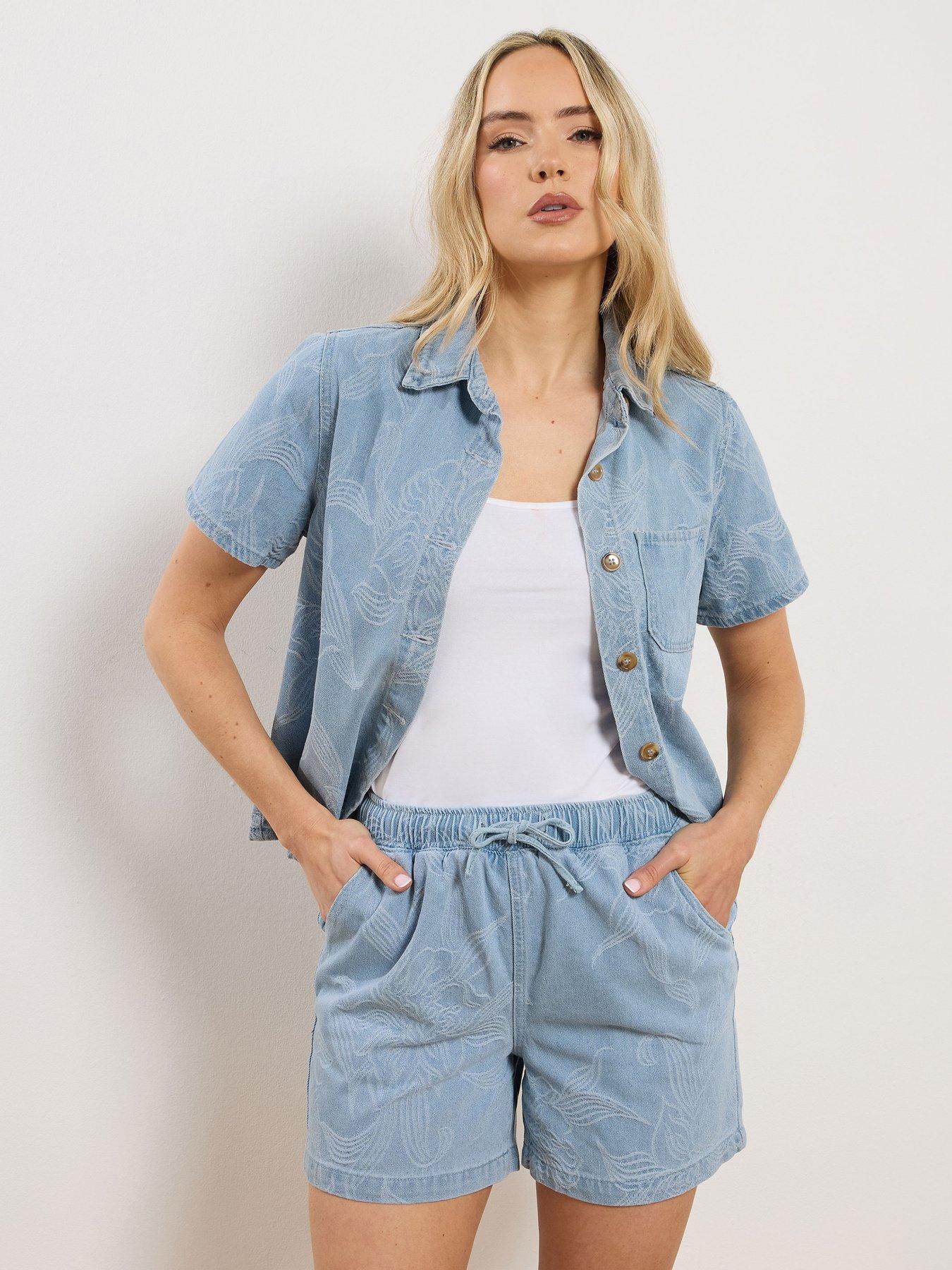 Image 1 of 4 of Long Tall Sally Premium Denim Jacquard Shorts - Blue