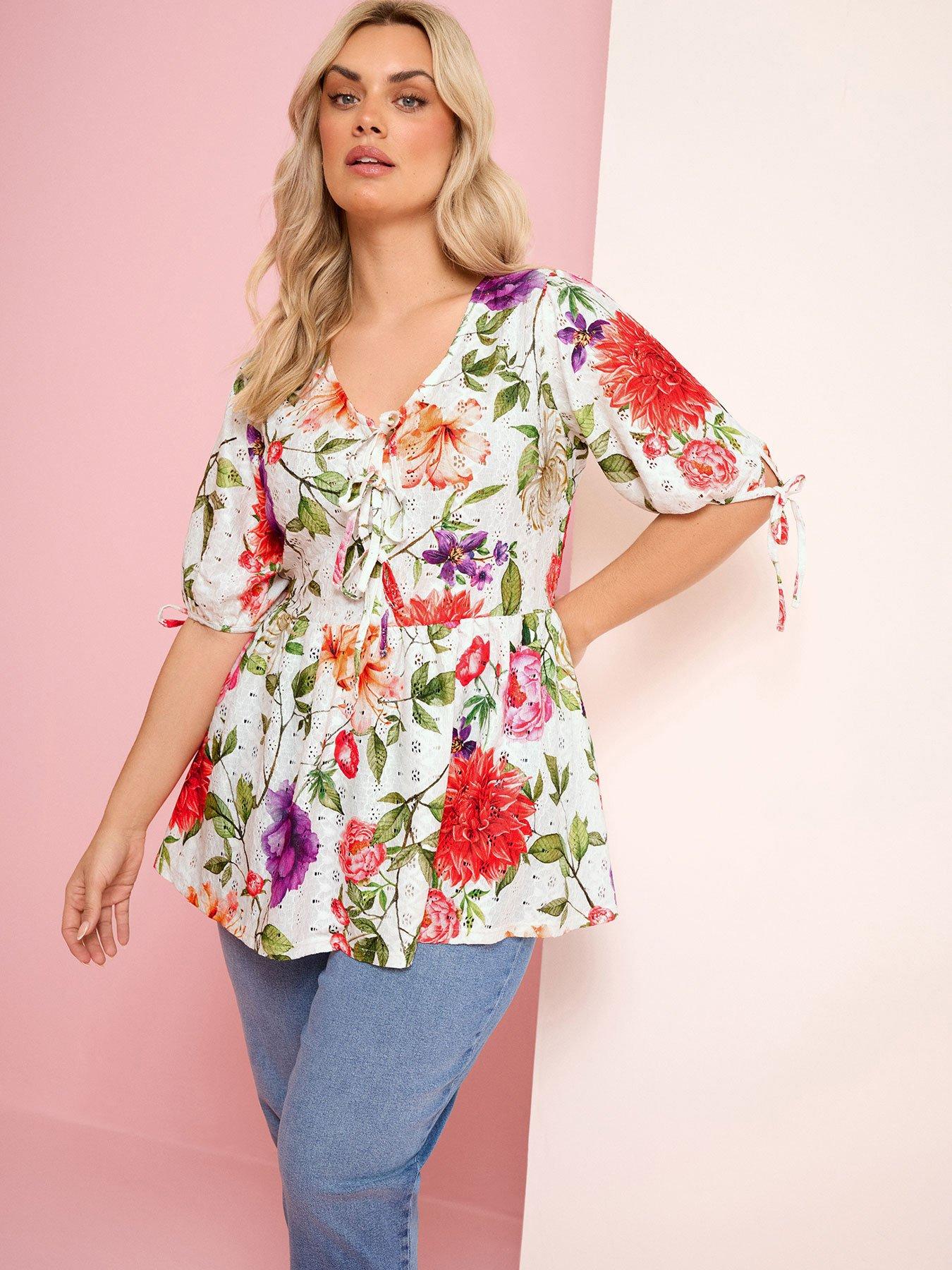 Image 1 of 6 of Yours Curve Tie Front Broderie Peplum Top - White