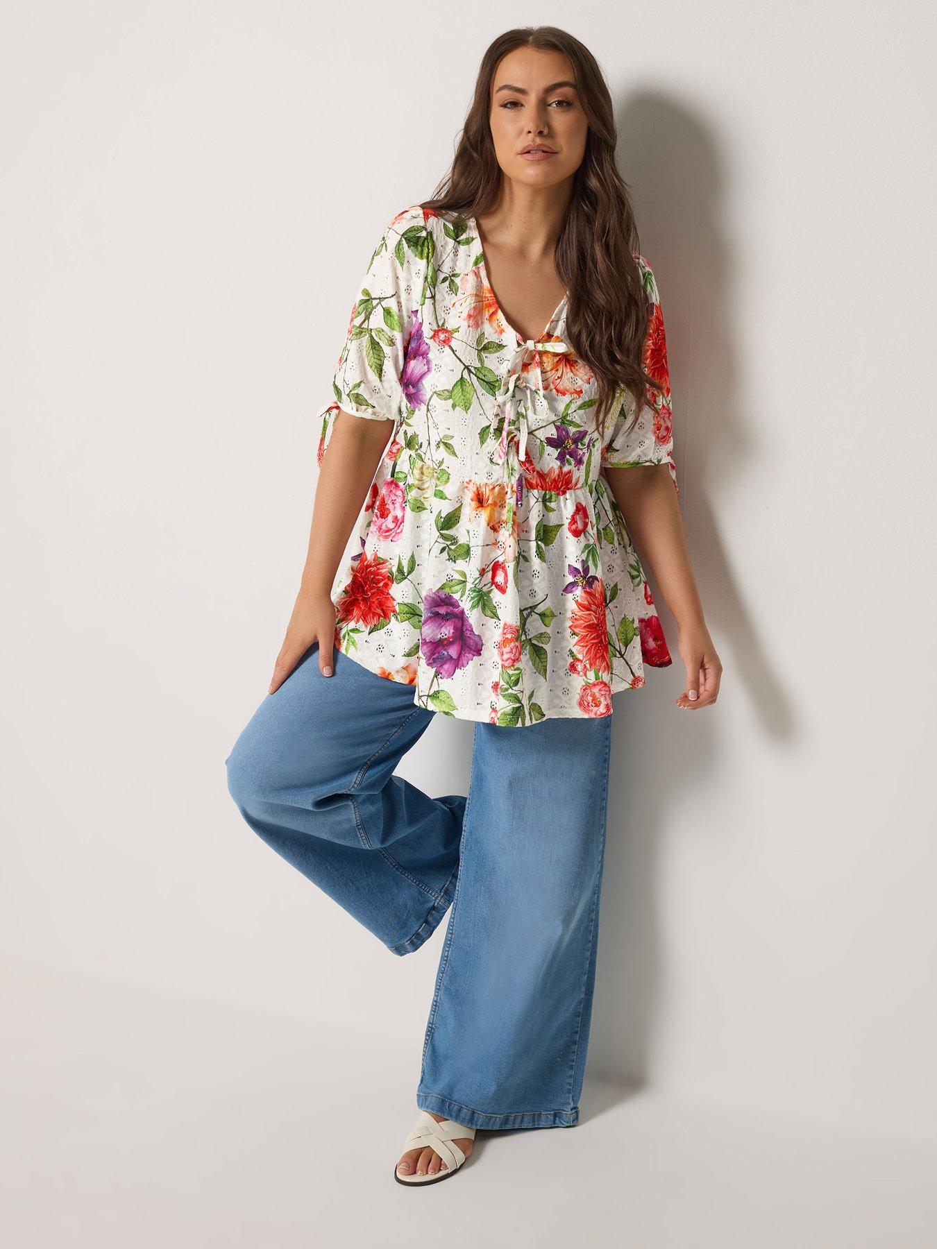 Image 3 of 6 of Yours Curve Tie Front Broderie Peplum Top - White