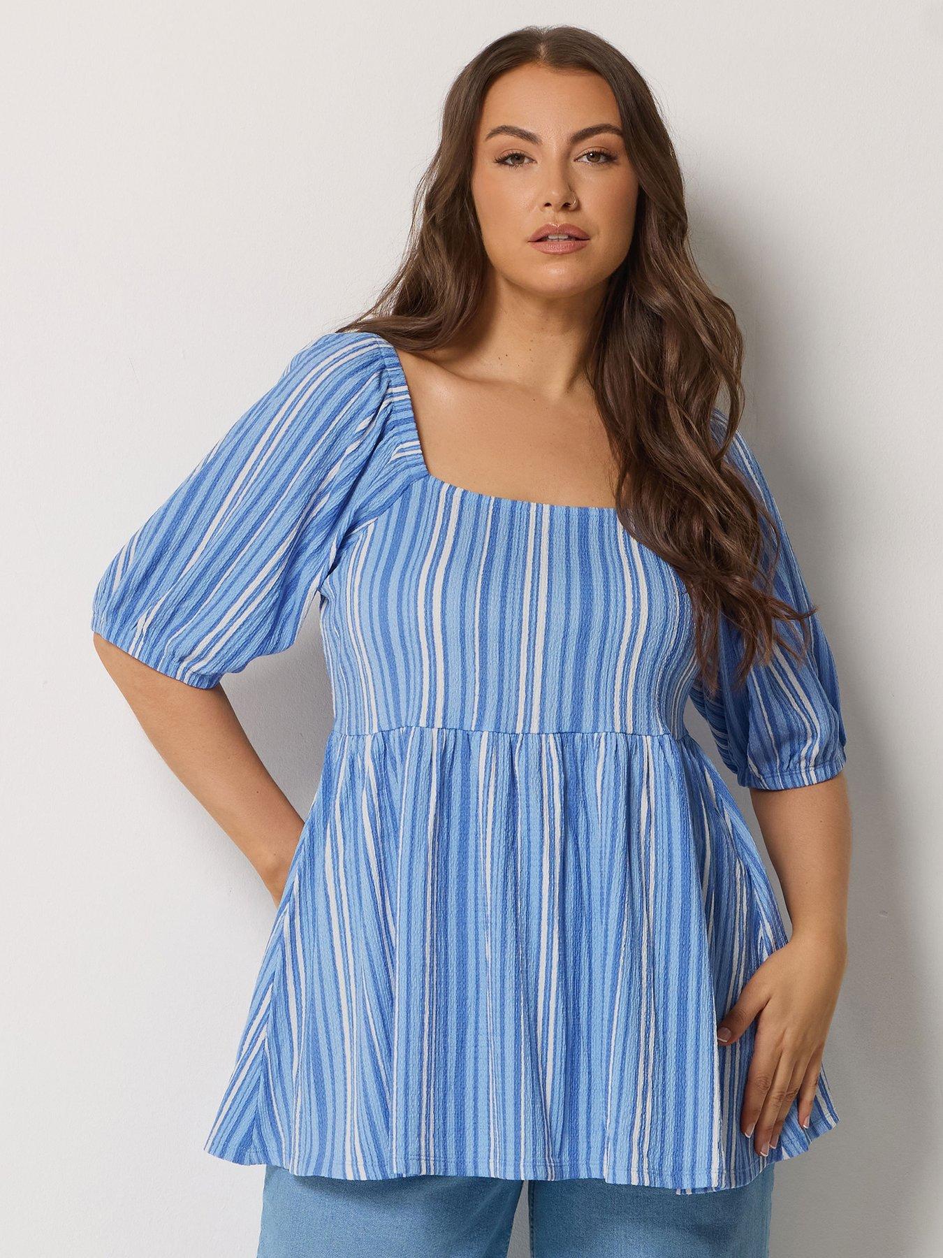 Image 1 of 5 of Yours Curve Square Neck Striped Peplum Top - Blue