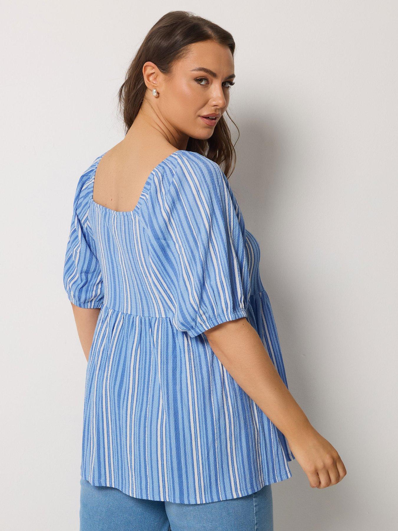 Image 2 of 5 of Yours Curve Square Neck Striped Peplum Top - Blue