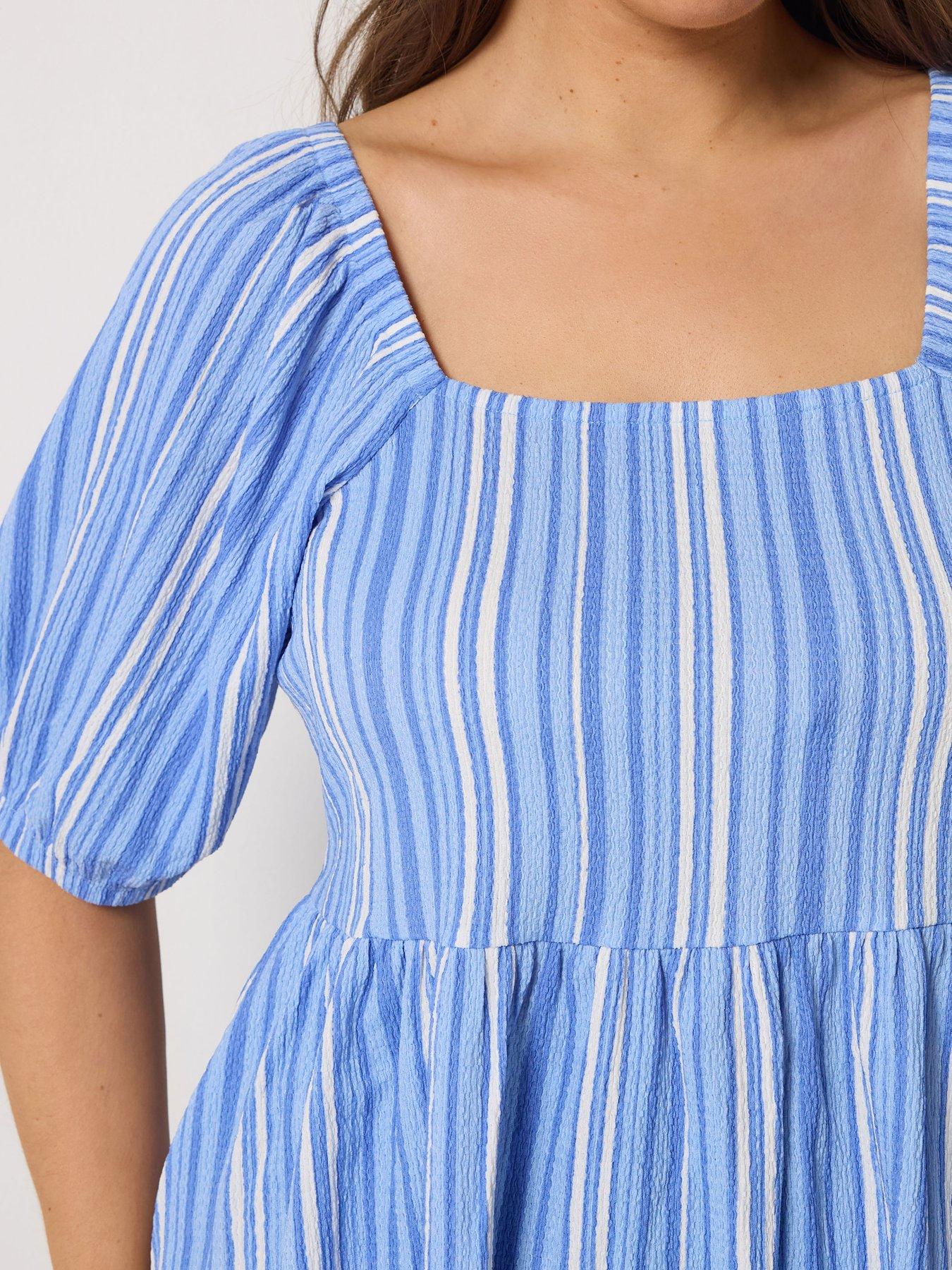 Image 4 of 5 of Yours Curve Square Neck Striped Peplum Top - Blue