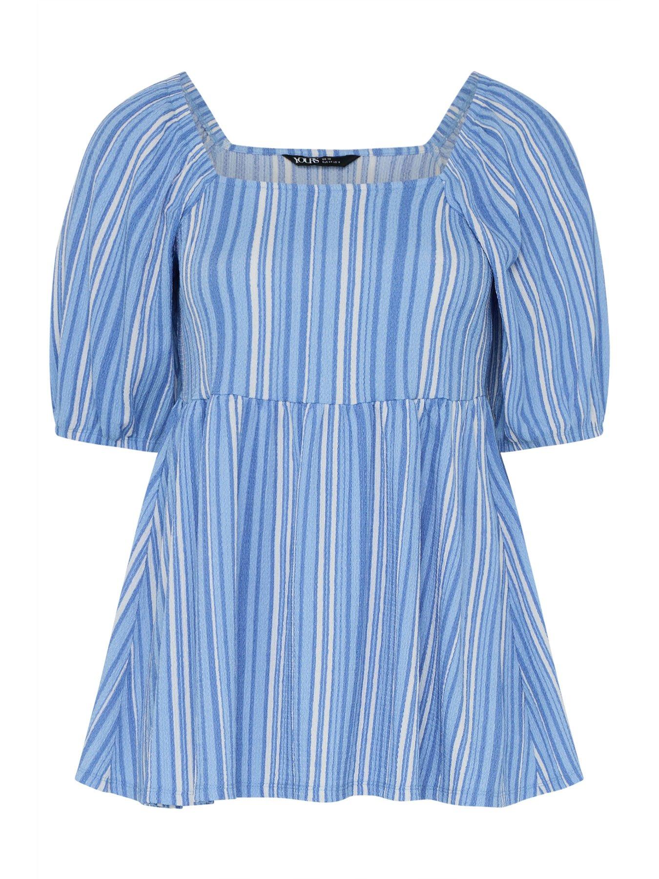 Image 5 of 5 of Yours Curve Square Neck Striped Peplum Top - Blue