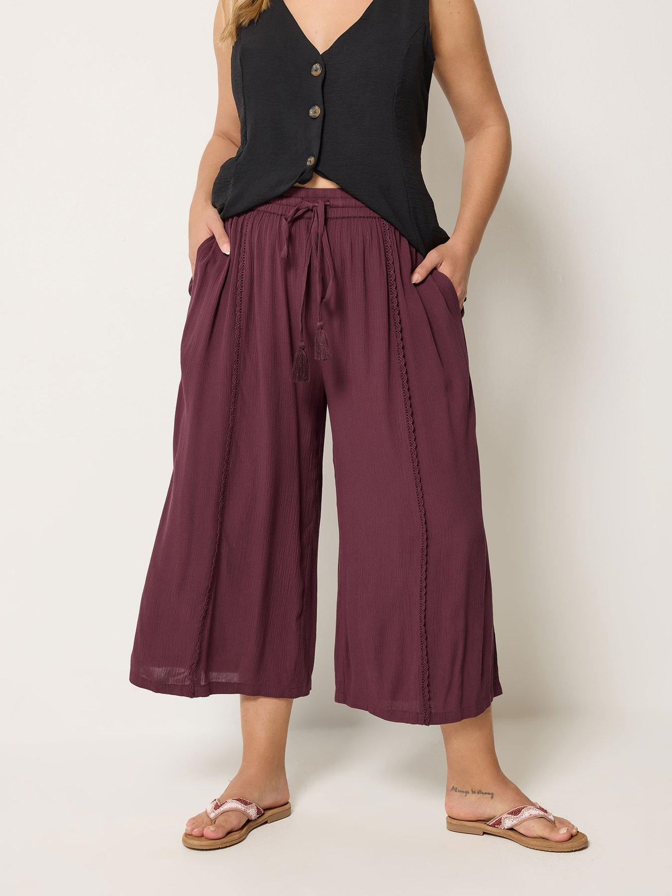 Yours Curve Scallop Crinkle Cropped Trousers - Purple