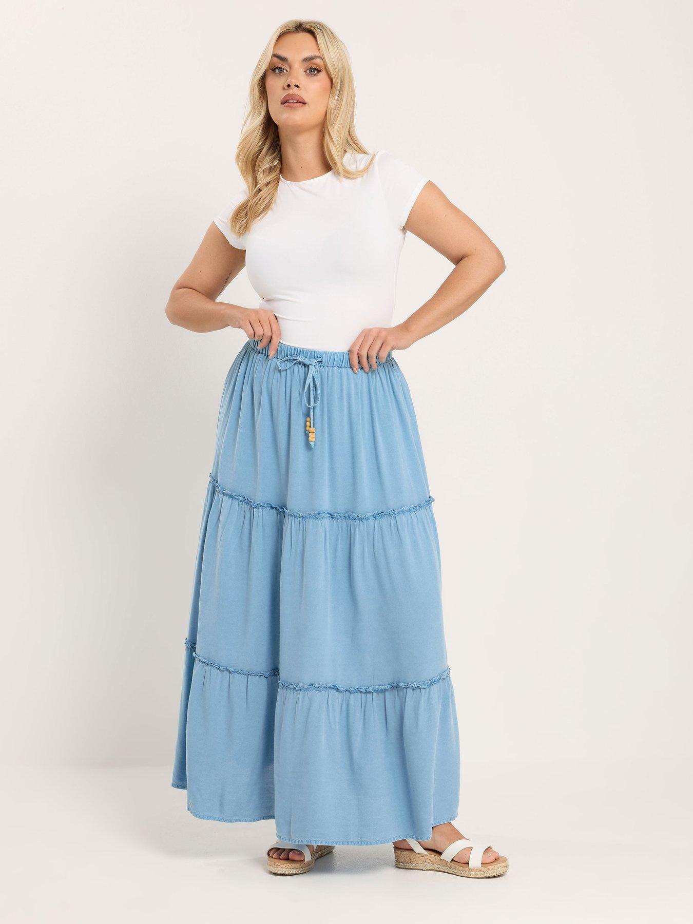 Image 3 of 5 of Yours Curve Tiered Chambray Maxi Skirt