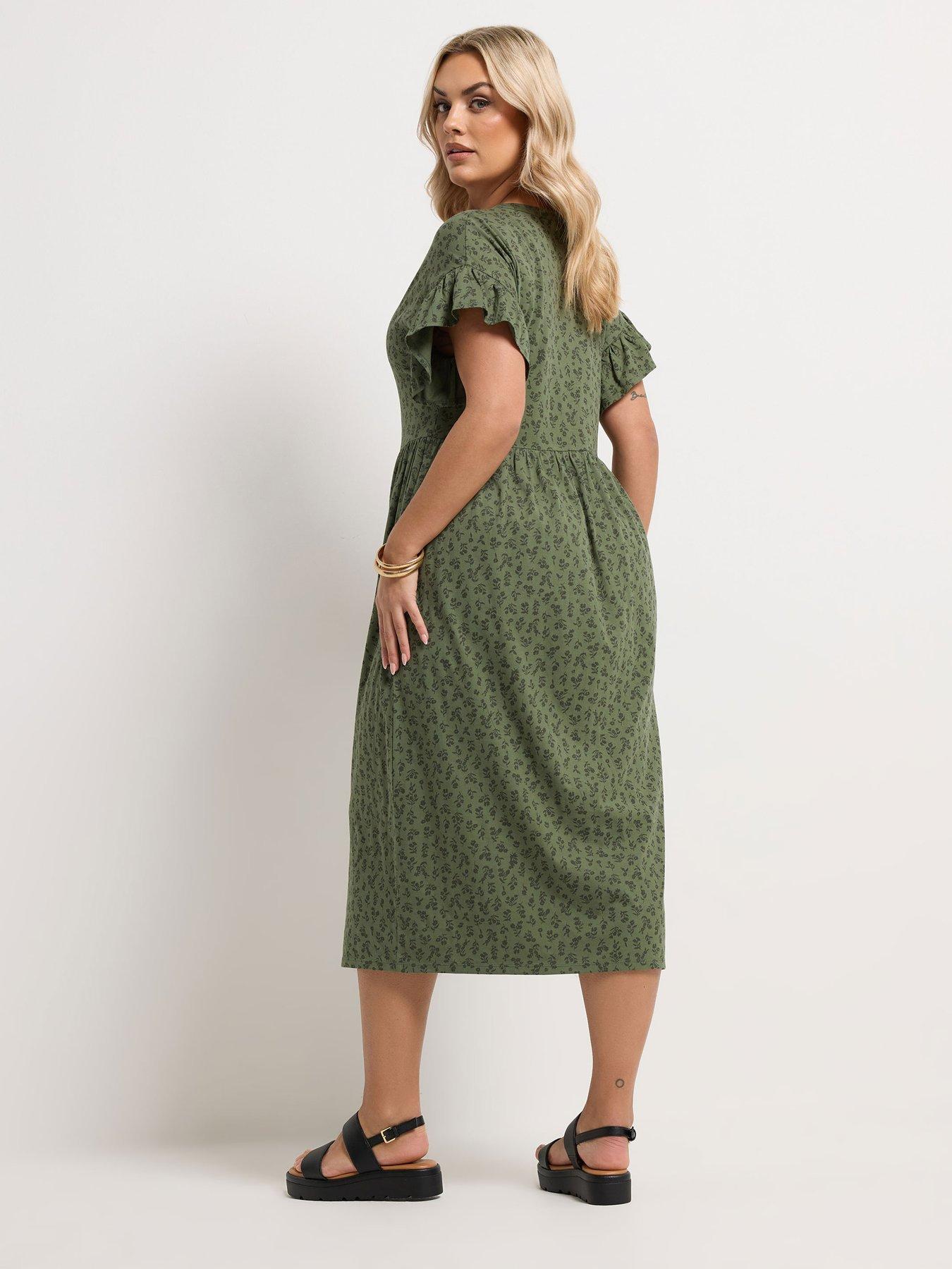 Image 2 of 5 of Yours Curve Frill Sleeve Button Front Dress - Green