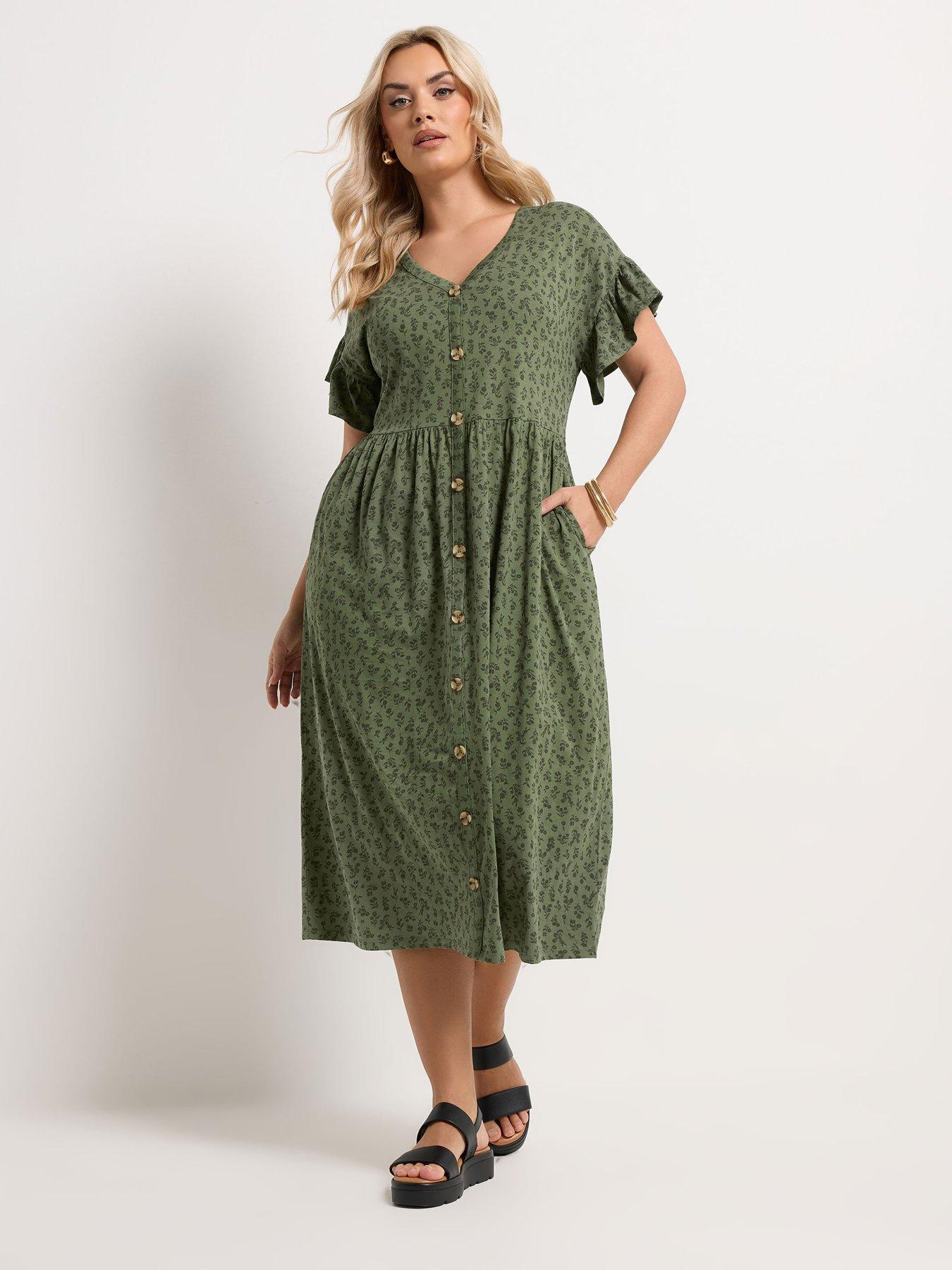 Image 3 of 5 of Yours Curve Frill Sleeve Button Front Dress - Green