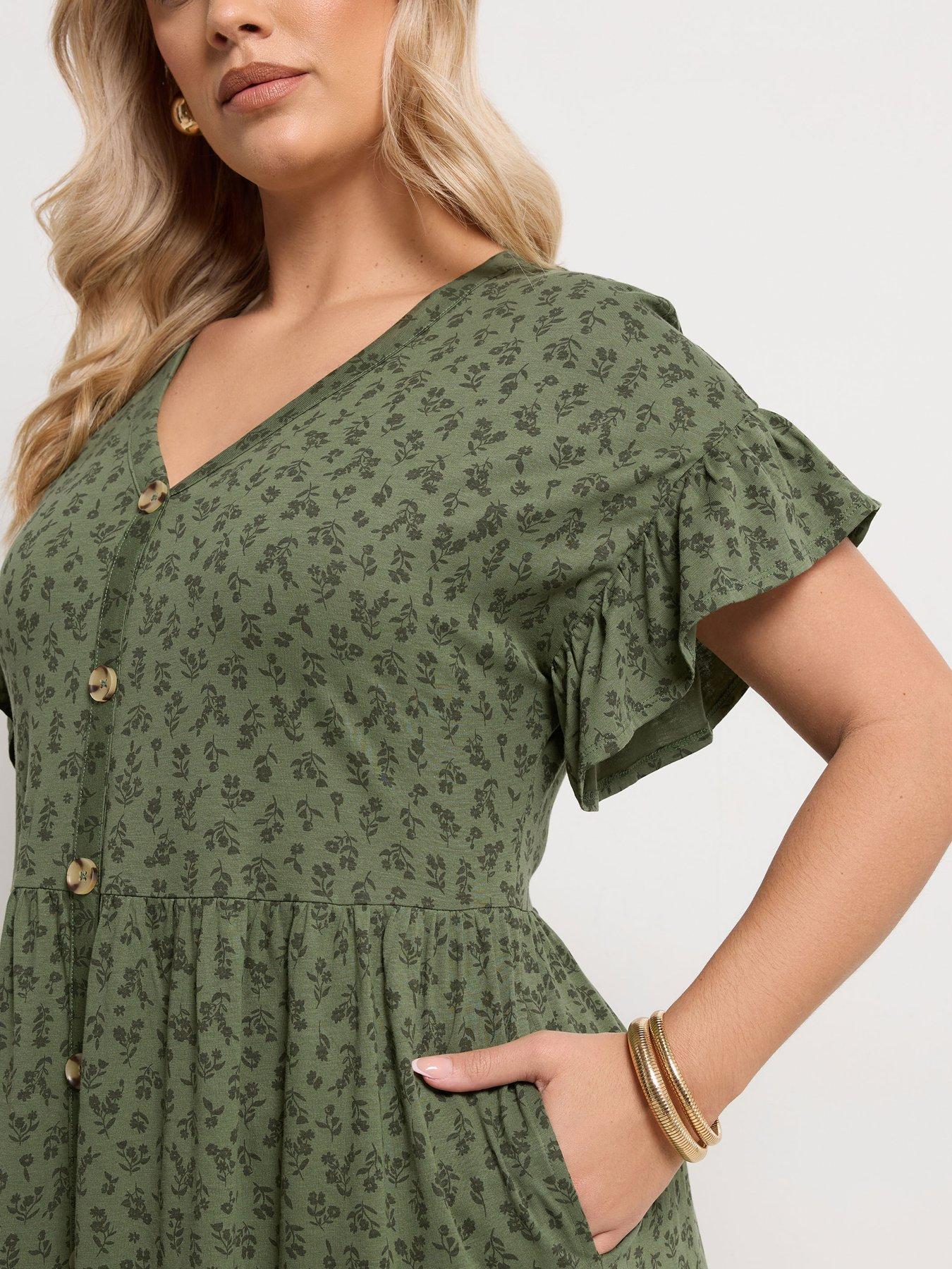 Image 4 of 5 of Yours Curve Frill Sleeve Button Front Dress - Green