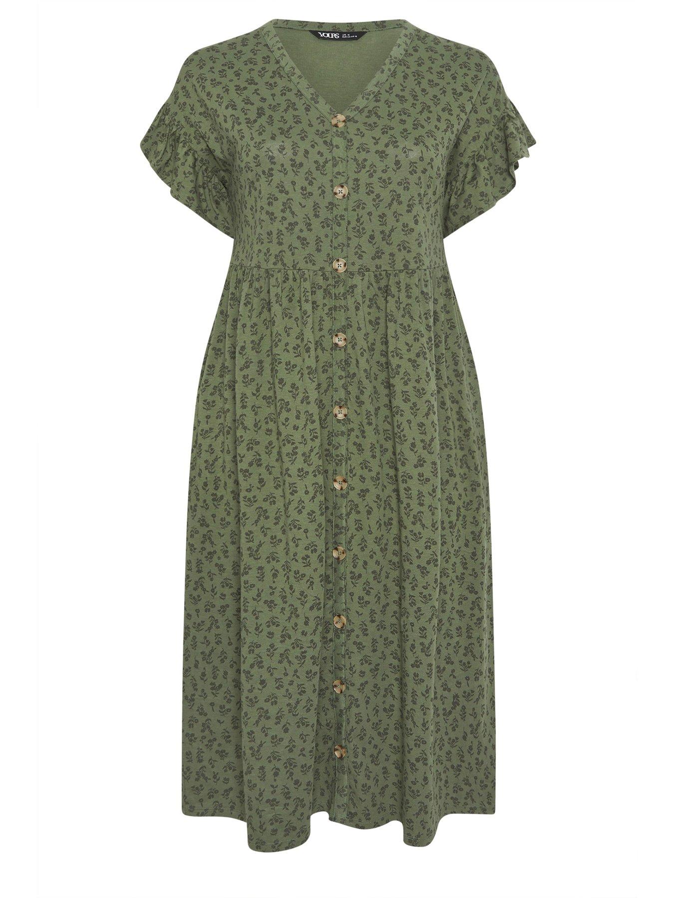 Image 5 of 5 of Yours Curve Frill Sleeve Button Front Dress - Green